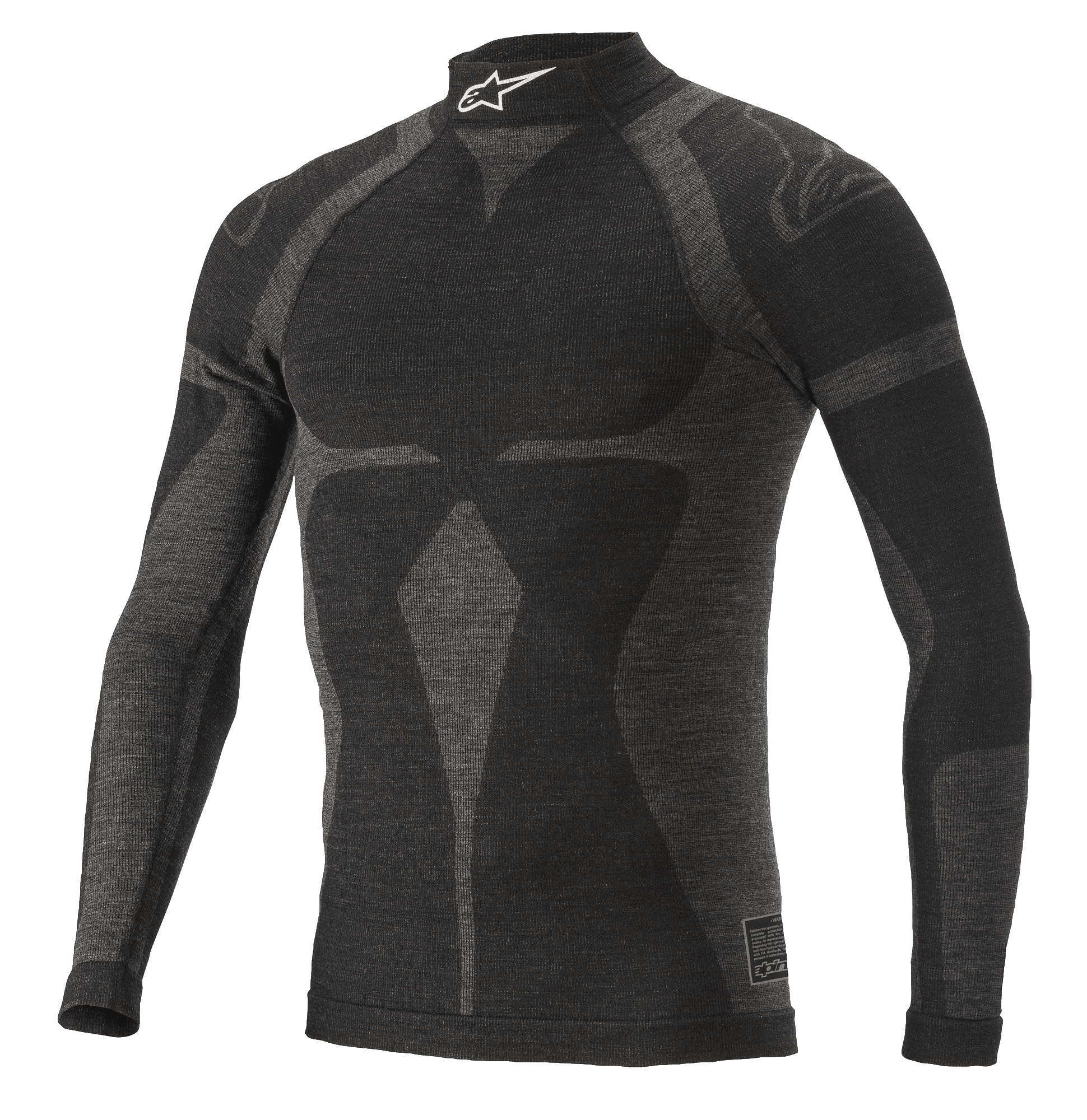 Alpinestars ZX Evo V2 top met lange mouwen, autosport onderkleding shirt, zwart en grijs, hoge kraag met wit logo, jacquardmotief, nauwsluitende technische kleding met een lichtgewicht gebreide textuur