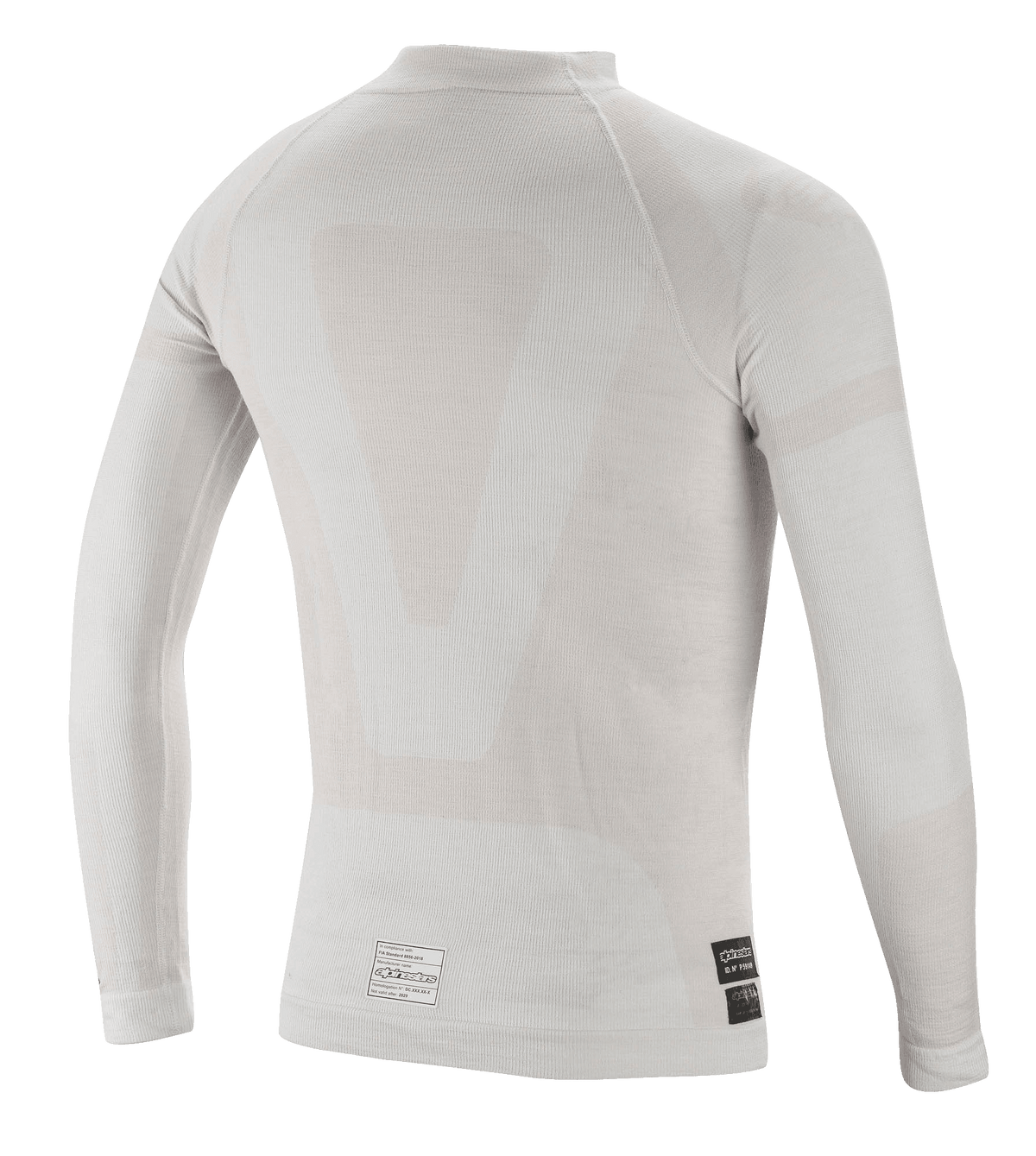 Alpinestars ZX Evo V2 top met lange mouwen, autorace-onderlaag, wit grijs, achteraanzicht met lichtgewicht naadloze buisvormige constructie en FIA-certificeringslabels aan de onderzoom