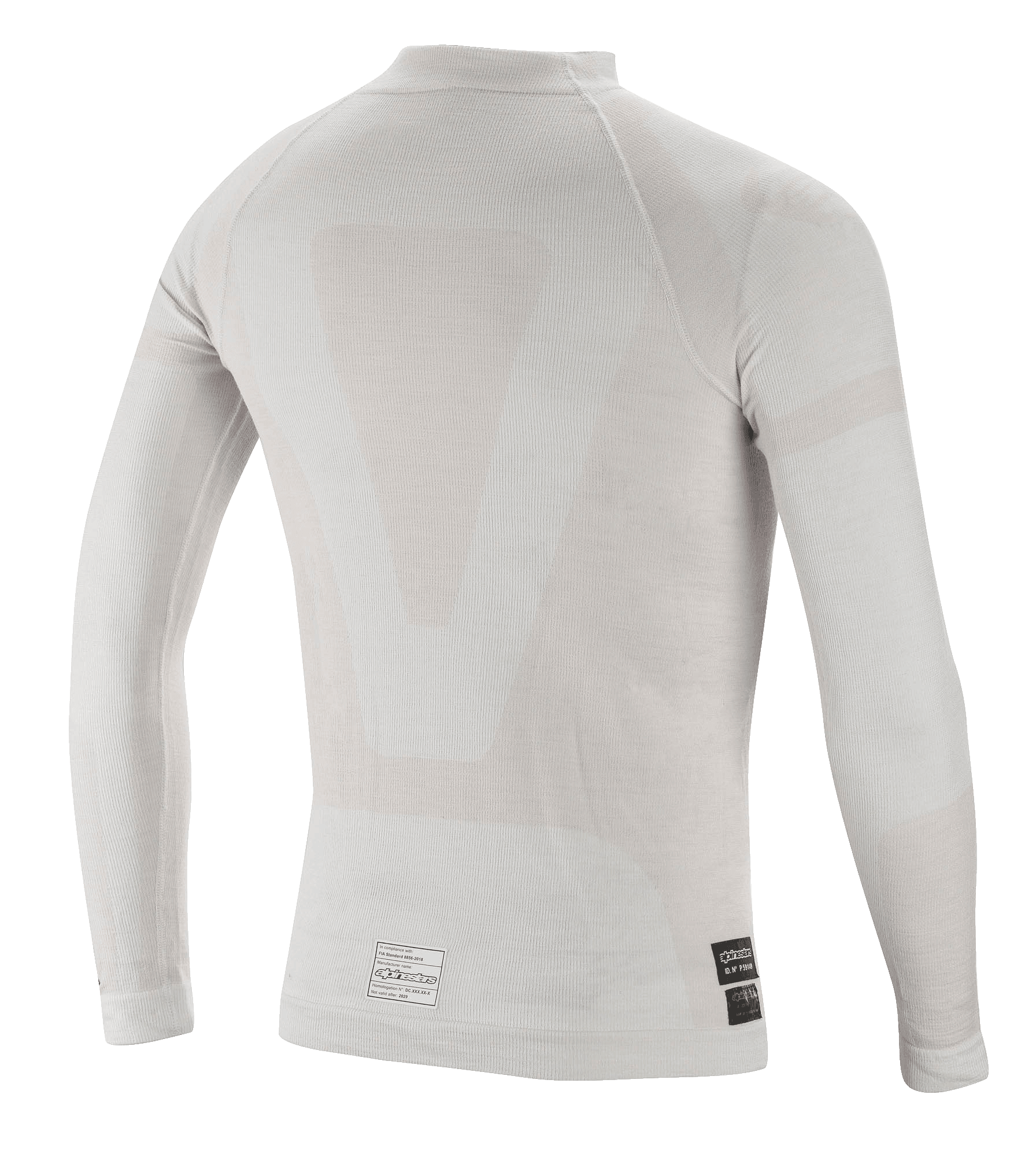 Alpinestars ZX Evo V2 Long Sleeve Top, Auto Racing Base Layer, White Gray, back view featuring lightweight seamless tubular construction and FIA certification labels at the bottom hem
