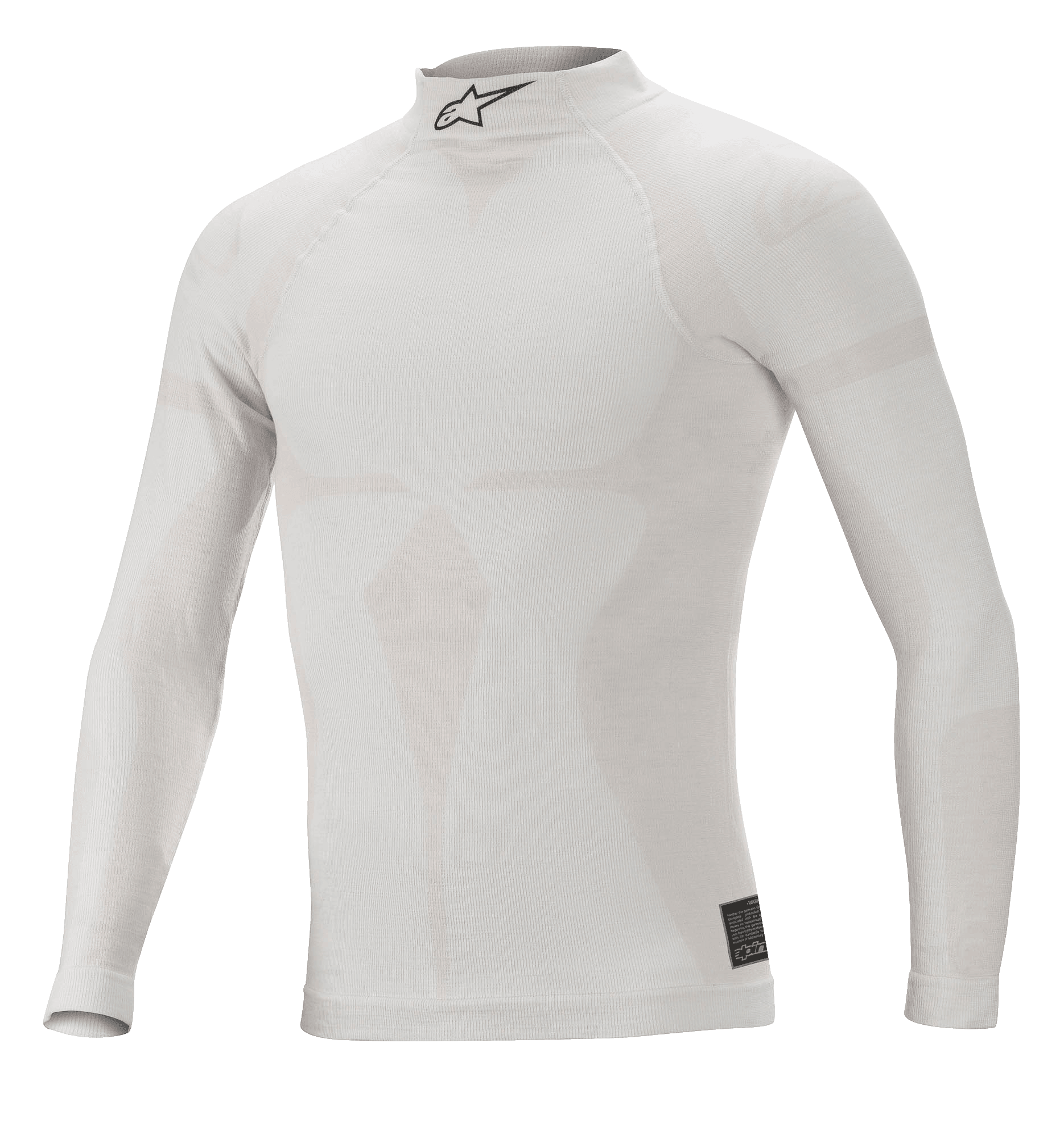 Alpinestars ZX Evo V2 top met lange mouwen, wit grijs, vlamvertragende basislaag voor autoracen, hoge kraag met zwart logo, naadloze constructie met jacquard-motief, lichtgewicht en nauwsluitend sportondergoed