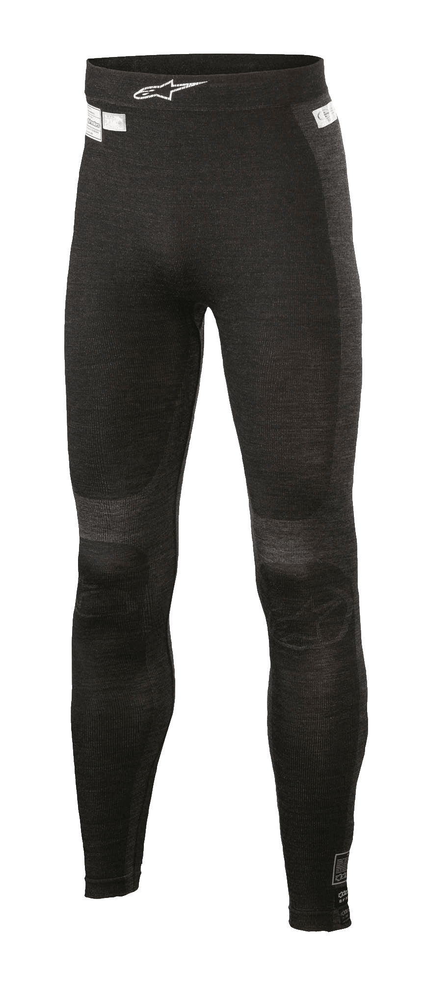 Alpinestars ZX Evo V2 Bottom, race-basislaag broek, zwart en grijs, geribbelde textuur met naadloze constructie, wit Alpinestars-logo op de tailleband, vlamwerende prestatiekleding voor auto- en kartsport
