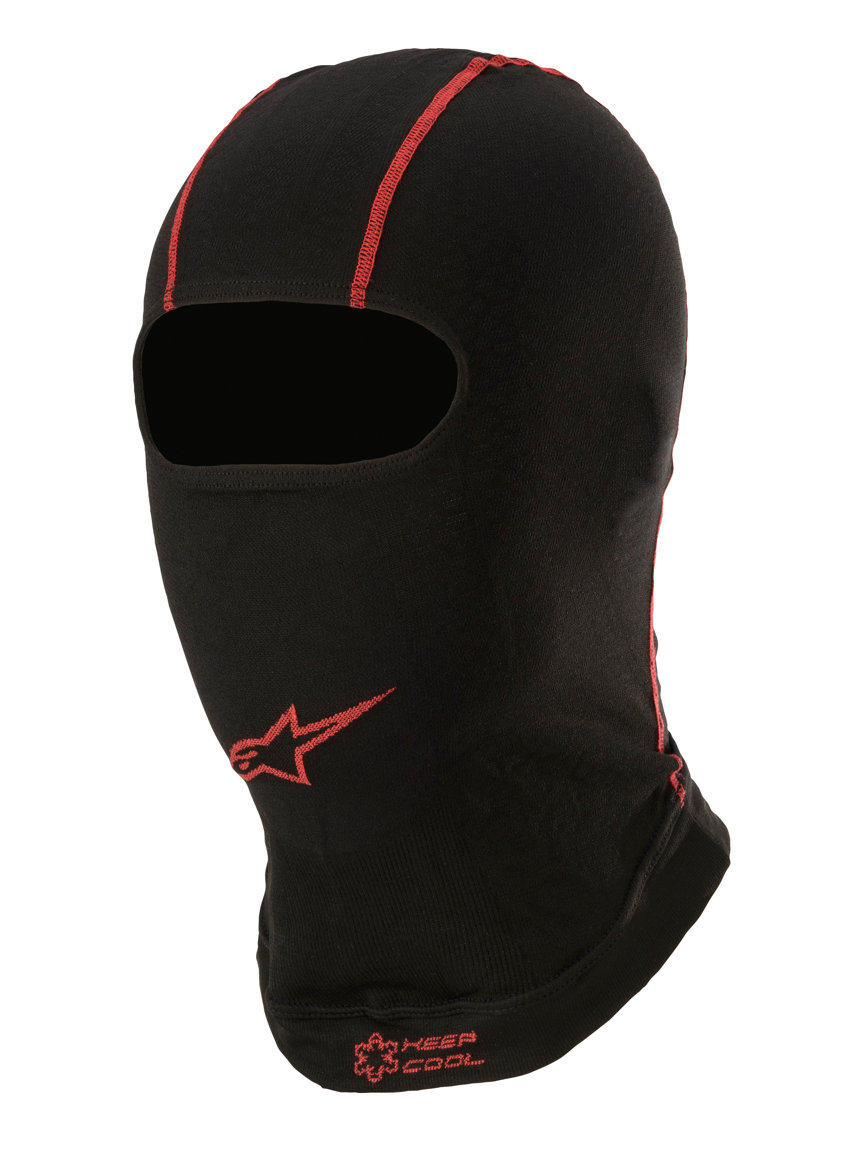Alpinestars KX V2 bivakmuts, zomerse onderhelm basislaag, zwart met rode stiksels, rood Alpinestars sterlogo en "KEEP COOL"-tekst, dunne ademende stof voor karting en motorsport
