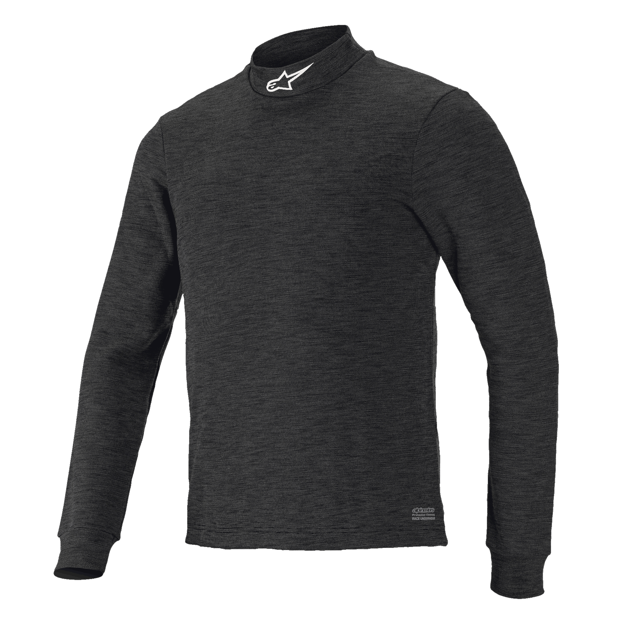 Alpinestars Race V3 top met lange mouwen, zwarte basislaag met textuur, hoge mock-neck kraag met wit logo, nauwsluitend ontwerp, vlamvertragende technische onderkleding voor motorsport