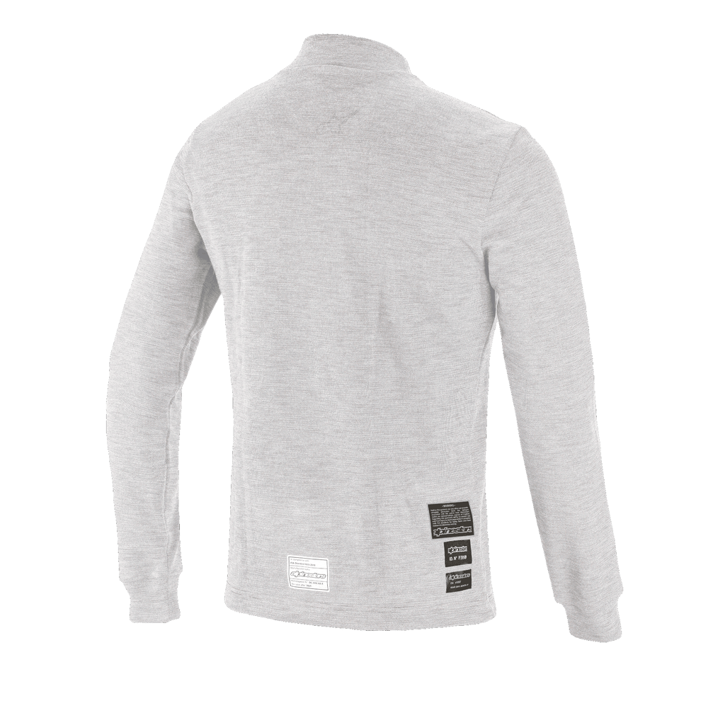 Alpinestars Race V3 top met lange mouwen, autosport basislaag, wit, achteraanzicht met FIA 8856-2018 homologatielabels op de onderrug, zacht getextureerd vlamvertragend materiaal voor bescherming in de motorsport