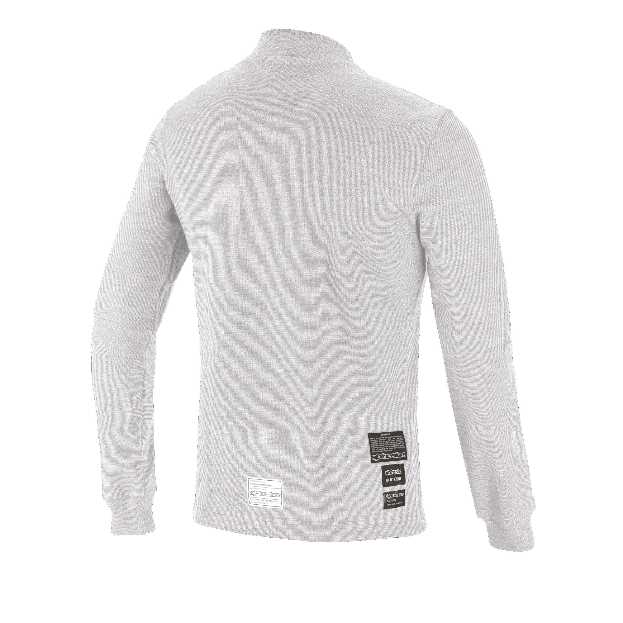 Alpinestars Race V3 top met lange mouwen, autosport basislaag, wit, achteraanzicht met FIA 8856-2018 homologatielabels op de onderrug, zacht getextureerd vlamvertragend materiaal voor bescherming in de motorsport