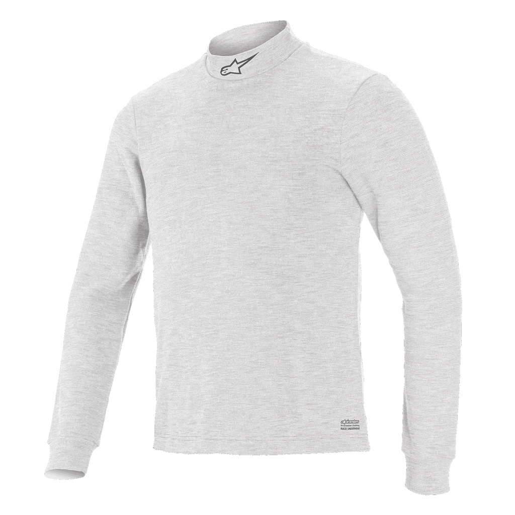 Alpinestars Race V3 Top met lange mouwen, basislaag voor autoracen, wit, opstaande kraag met klein logo, zachte vlamvertragende stof, minimalistisch sportief ontwerp