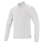 Alpinestars Race V3 Top met lange mouwen, basislaag voor autoracen, wit, opstaande kraag met klein logo, zachte vlamvertragende stof, minimalistisch sportief ontwerp