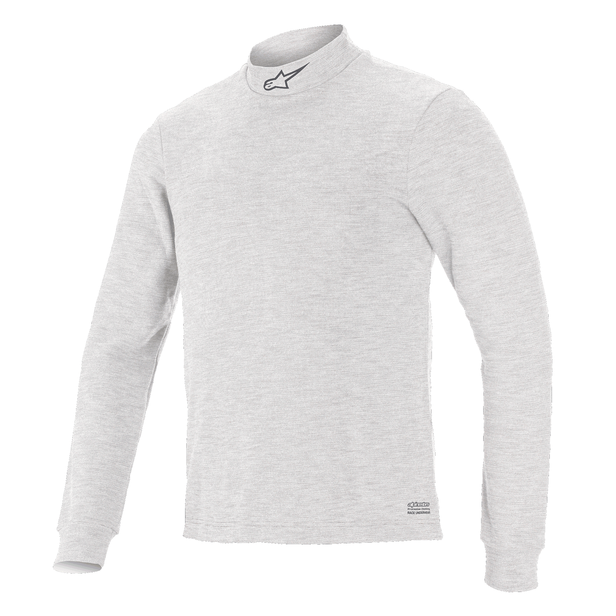 Alpinestars Race V3 Top met lange mouwen, basislaag voor autoracen, wit, opstaande kraag met klein logo, zachte vlamvertragende stof, minimalistisch sportief ontwerp