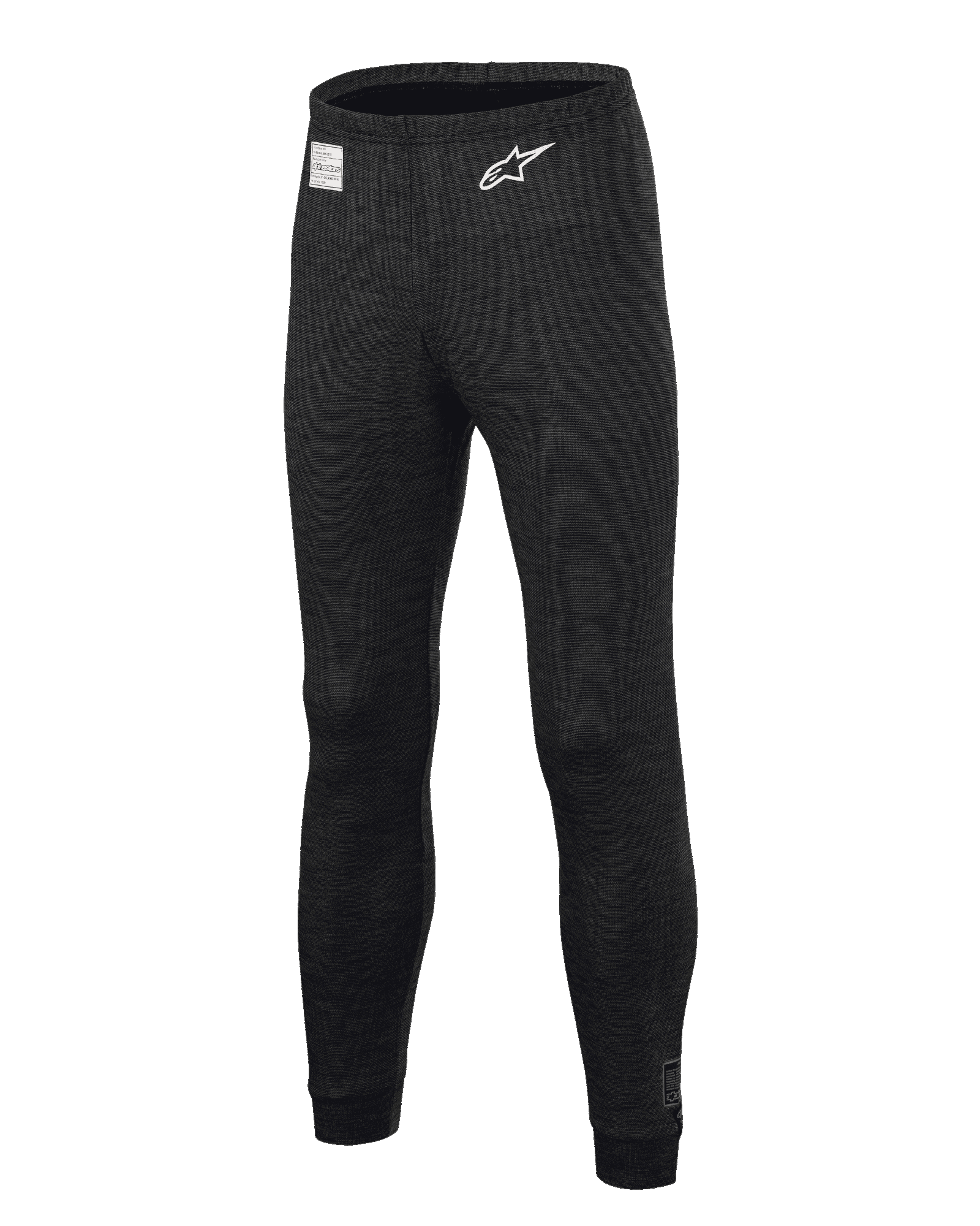 Alpinestars Race V3 Bottom, basislaag broek voor autosport, zwart, vlamvertragende getextureerde stof, wit sterlogo op de dij, FIA-certificeringslabel op de tailleband, technische onderkleding voor professionele motorsport