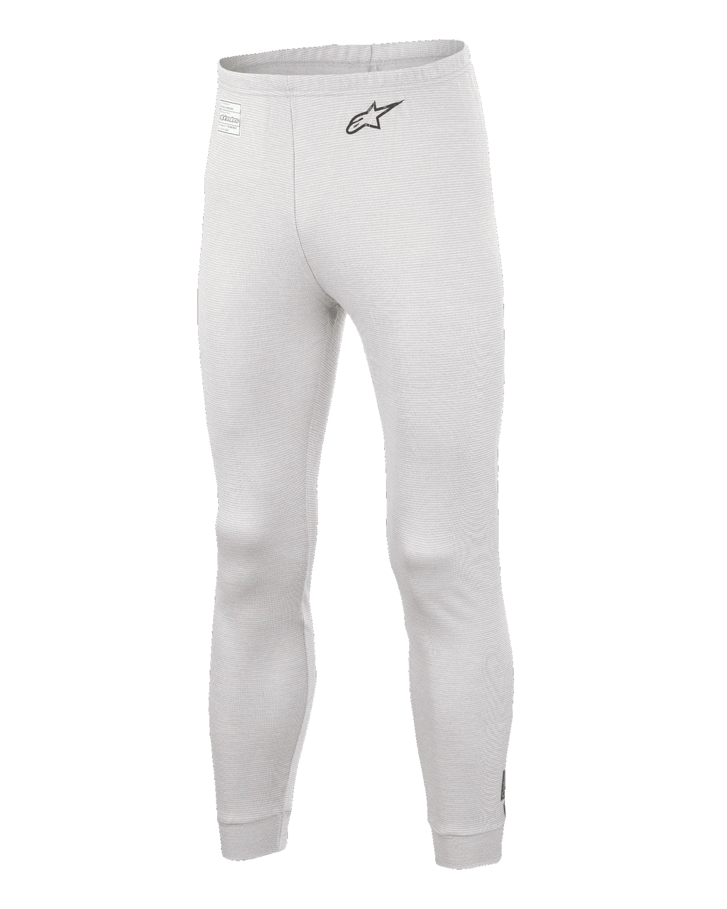 Alpinestars Race V3 Bottom, auto racing basislaag broek, wit, getextureerd vlamvertragend materiaal, zwart A-star logo op de heup, geribbelde enkelmanchetten en tailleband, lichtgewicht technische onderlaag