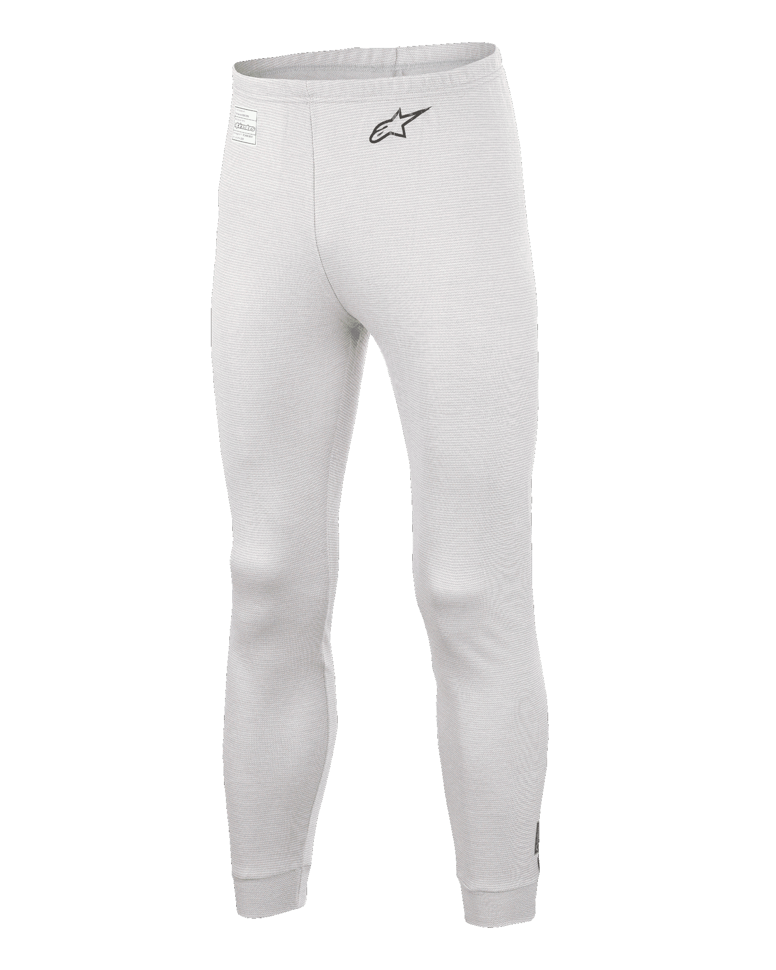 Alpinestars Race V3 Bottom, auto racing basislaag broek, wit, getextureerd vlamvertragend materiaal, zwart A-star logo op de heup, geribbelde enkelmanchetten en tailleband, lichtgewicht technische onderlaag