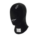 Alpinestars Race V3 Balaclava, Black flame-resistant auto racing balaclava, white star logos on forehead and cheek, FIA certification label on neck, lightweight technical fabric with eye opening for motorsport head protection
