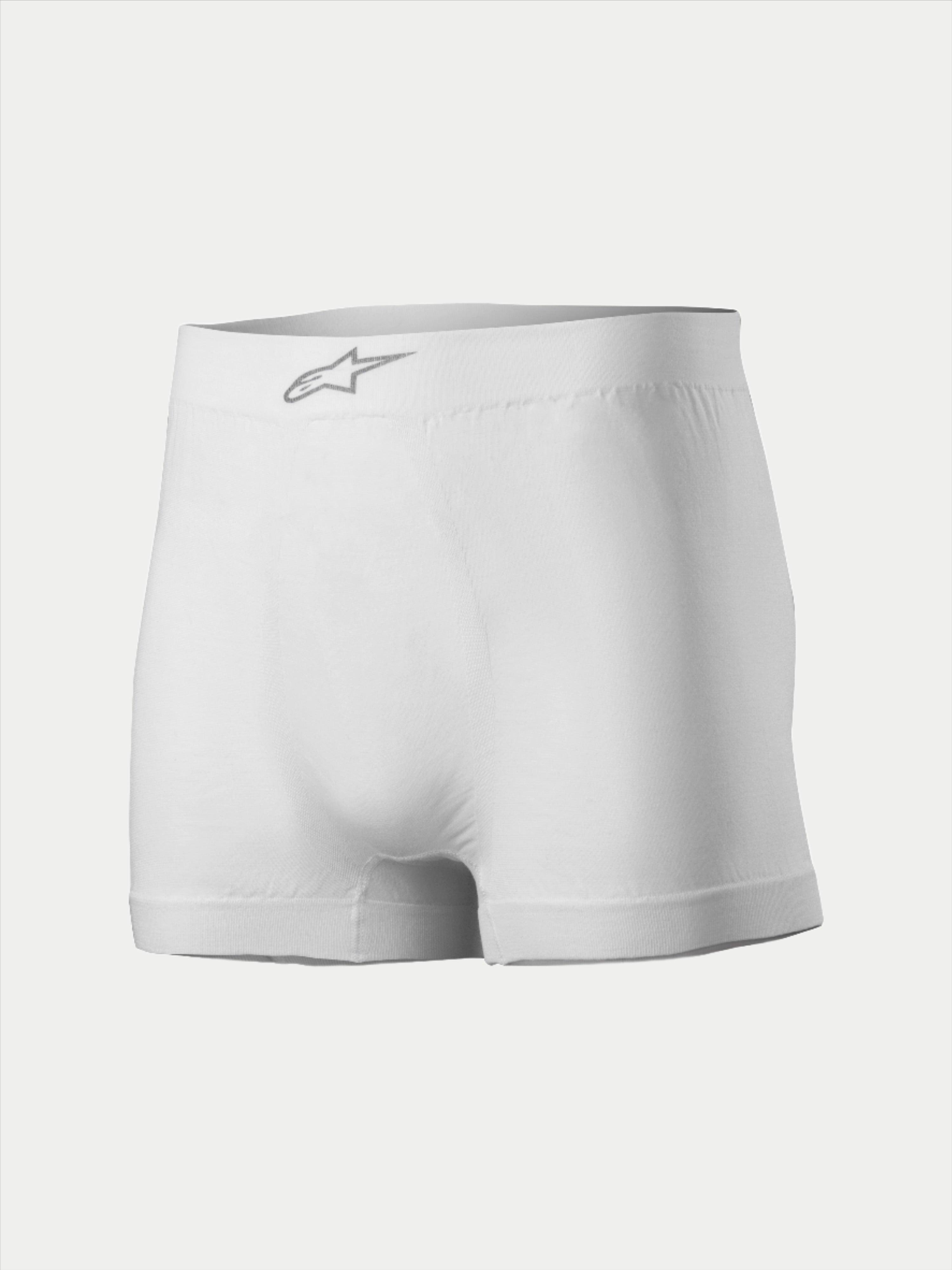 Alpinestars TECH ZX Boxer, auto-raceondergoed, wit, met een zilverkleurig Alpinestars-logo op de voorzijde van de tailleband, lichtgewicht vlamvertragende stof, basislaag voor de autosport