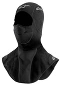 Alpinestars Winter Bivakmuts, motorbivakmuts voor koud weer, zwart, met verlengd nek- en borststuk van fleece, ademend geperforeerd mondpaneel en witte geprinte logodetails.
