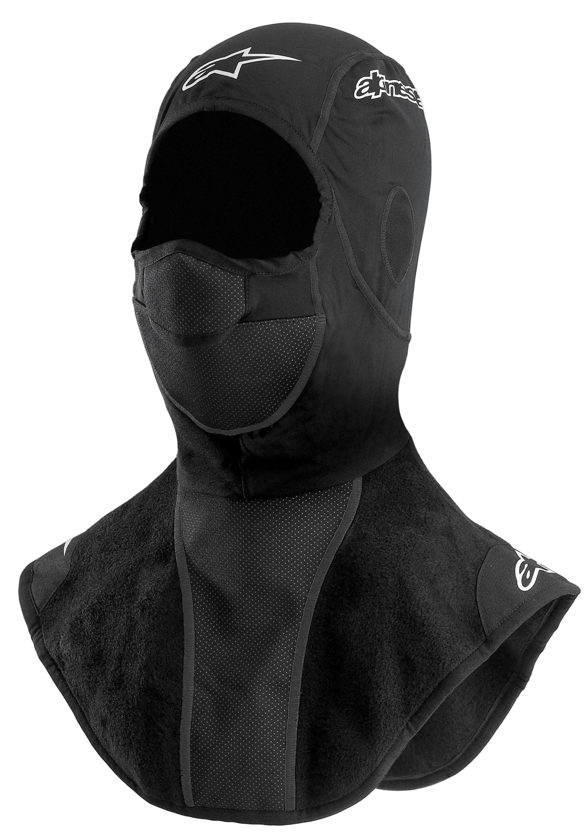 Alpinestars winterbivakmuts, motorbivakmuts voor koud weer, zwart, met ademend neuspaneel, fleece halsflap en witte logodetails