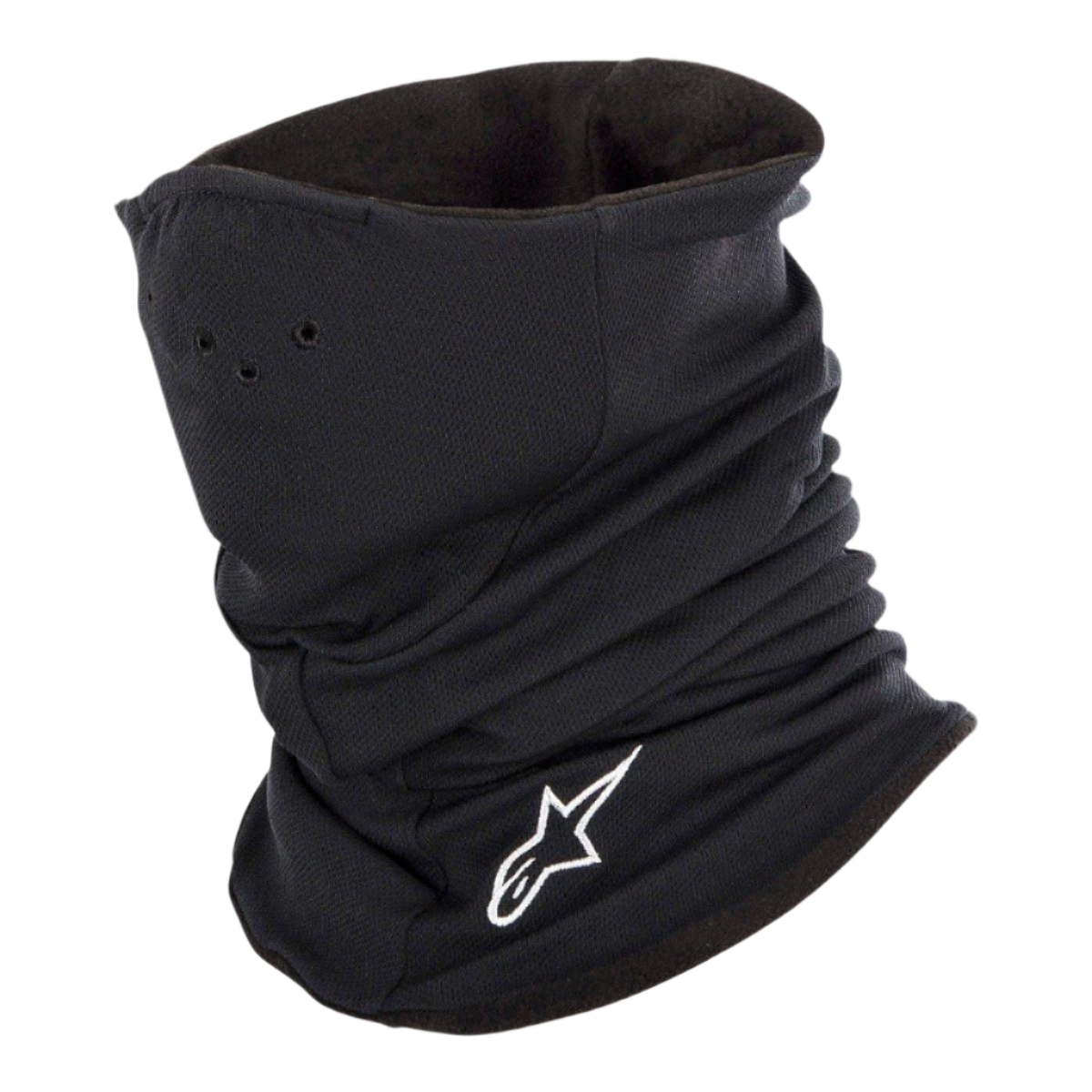 Alpinestars Tech Neck Warmer in Black, motorcycle neck tube with white embroidered logo, featuring perforated air holes and a double-layered fleece lining for thermal protection and wind-chill resistance.