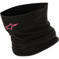 Alpinestars nekwarmer, zwarte dubbellaagse fleece met roze logo voor motorrijden bij koud weer.