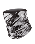 Alpinestars Neck Tube, motor nekwarmer, zwart en grijs, vervaagd geometrisch patroon met Alpinestars sterlogo, lichtgewicht zijdeachtige stof, naadloze basislaag voor windbescherming
