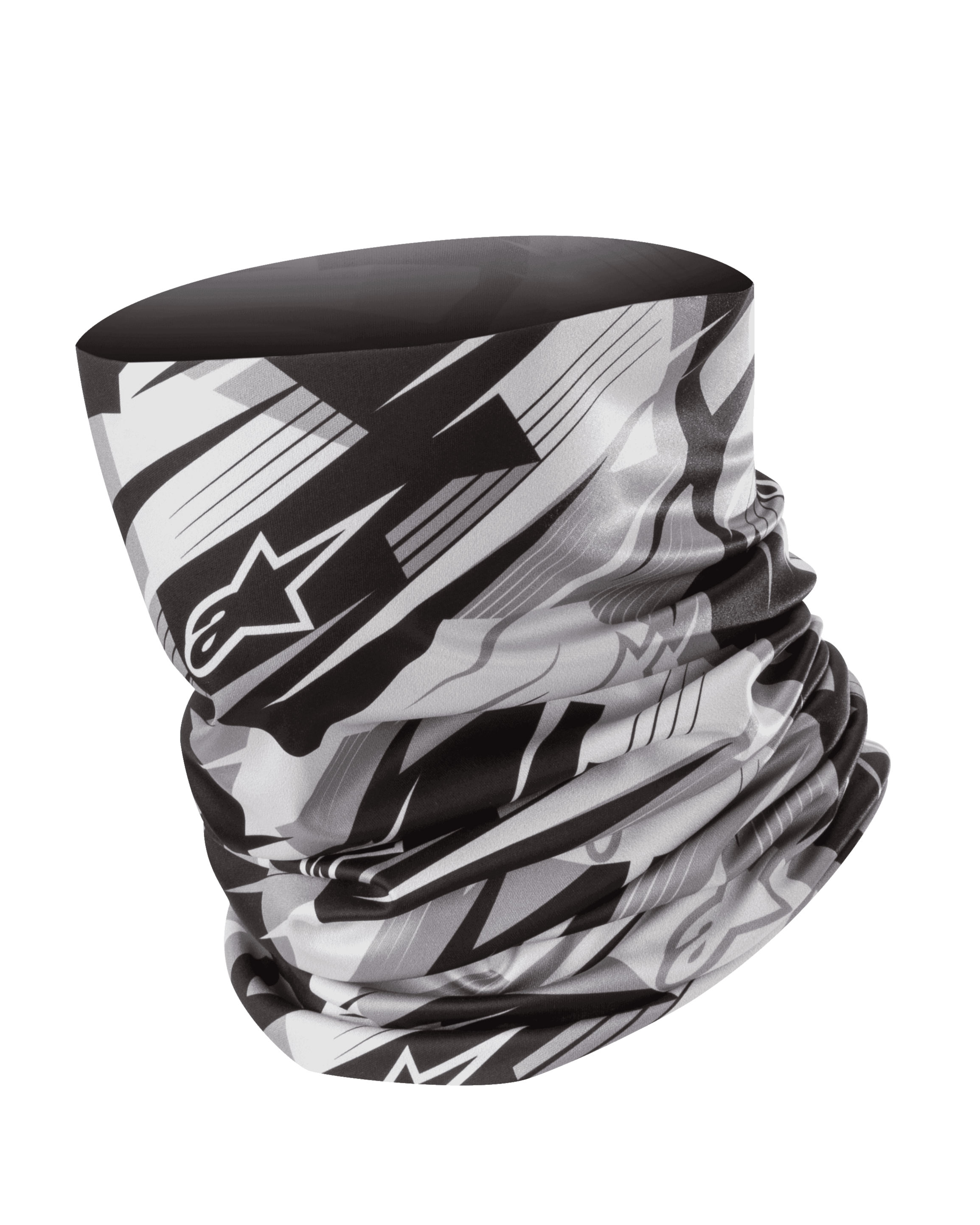 Alpinestars Neck Tube, motor nekwarmer, zwart en grijs, vervaagd geometrisch patroon met Alpinestars sterlogo, lichtgewicht zijdeachtige stof, naadloze basislaag voor windbescherming