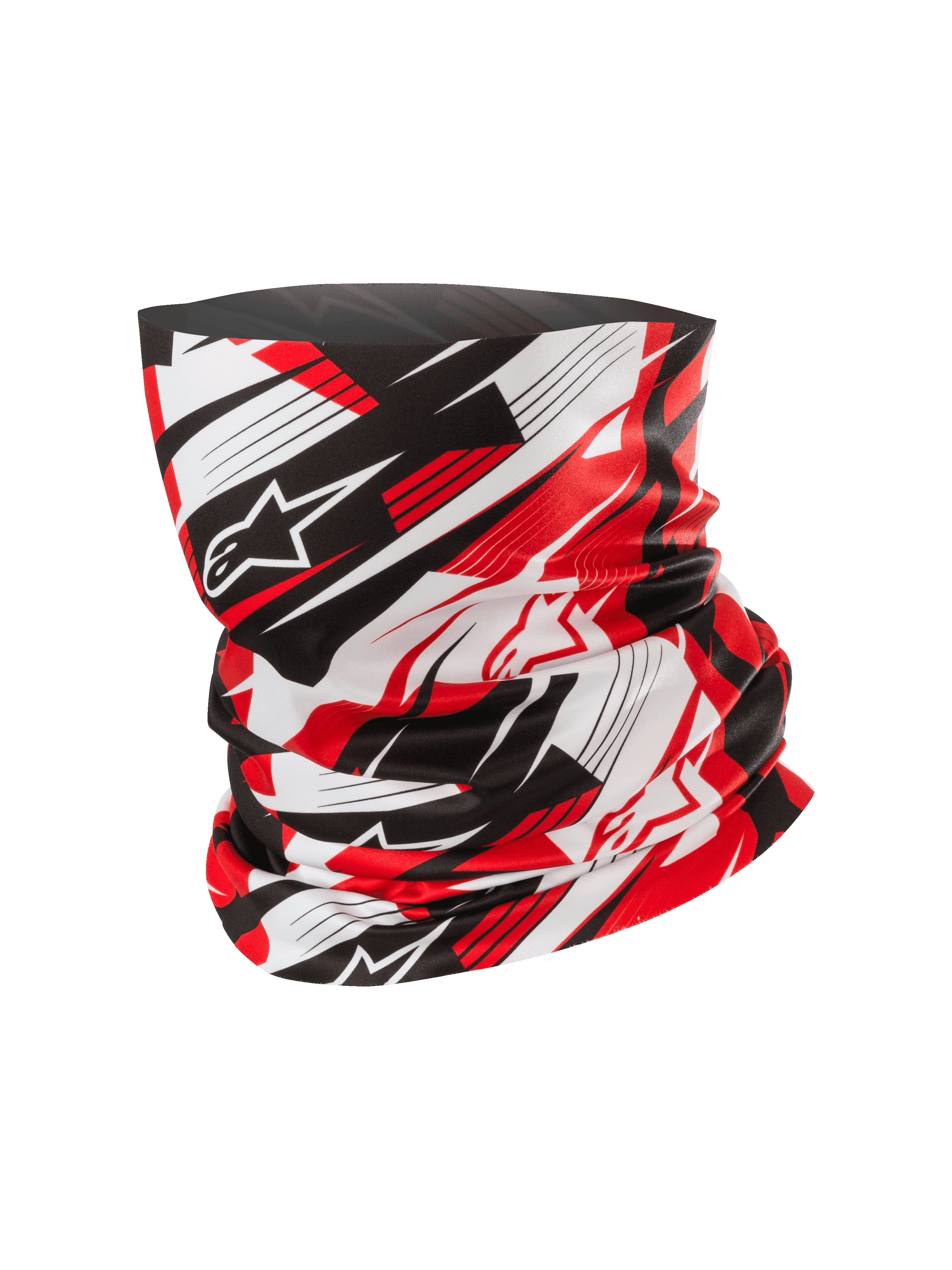 Alpinestars Neck Tube, nekwarmer voor motorrijders, rood zwart en wit, dynamisch abstract patroon met vervaagde lijnen en sterlogo's, lichtgewicht zijdezachte stof, accessoire voor motorrijden en outdooractiviteiten