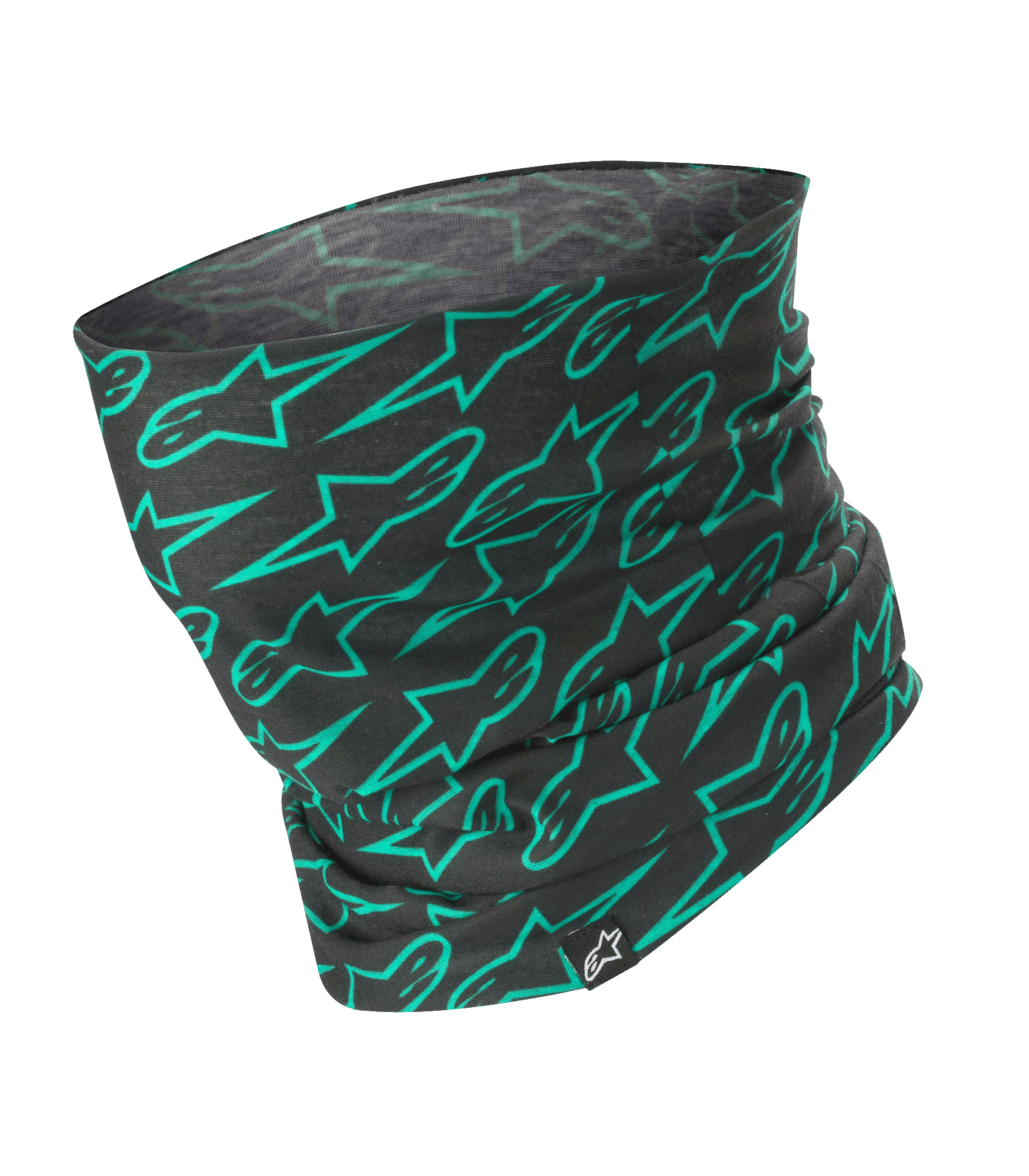 Alpinestars Neck Tube, zwart met teal Astars-logopatroon, lichtgewicht motornekwarmer, zijdezachte windbestendige basislaag, unisex beschermend accessoire