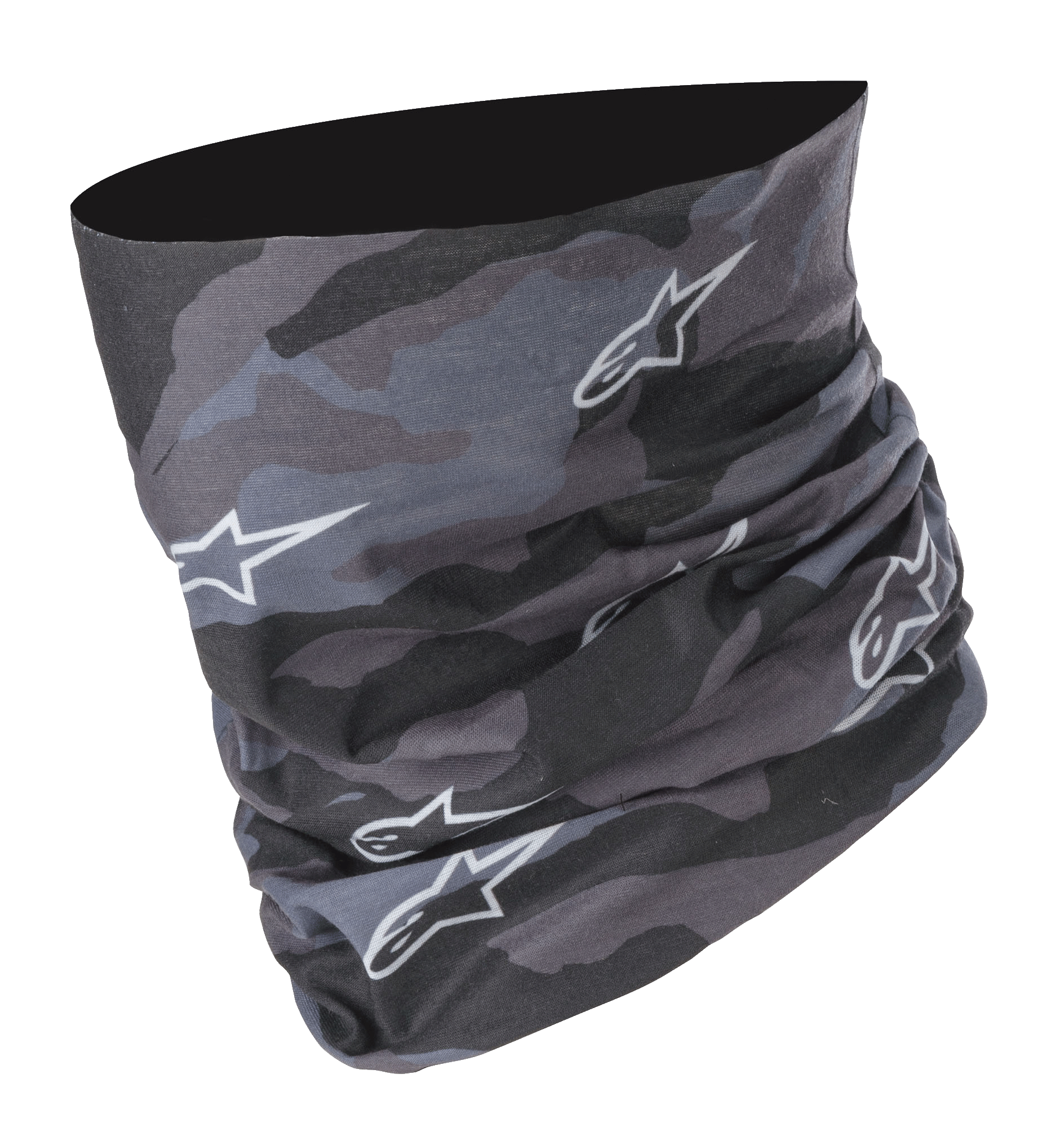 Alpinestars Tactical Neck Tube in Black Tar Gray, digitaal camouflagepatroon met witte sterlogo's, naadloze microvezelconstructie, veelzijdige motornekwarmer en basislaag bedekking