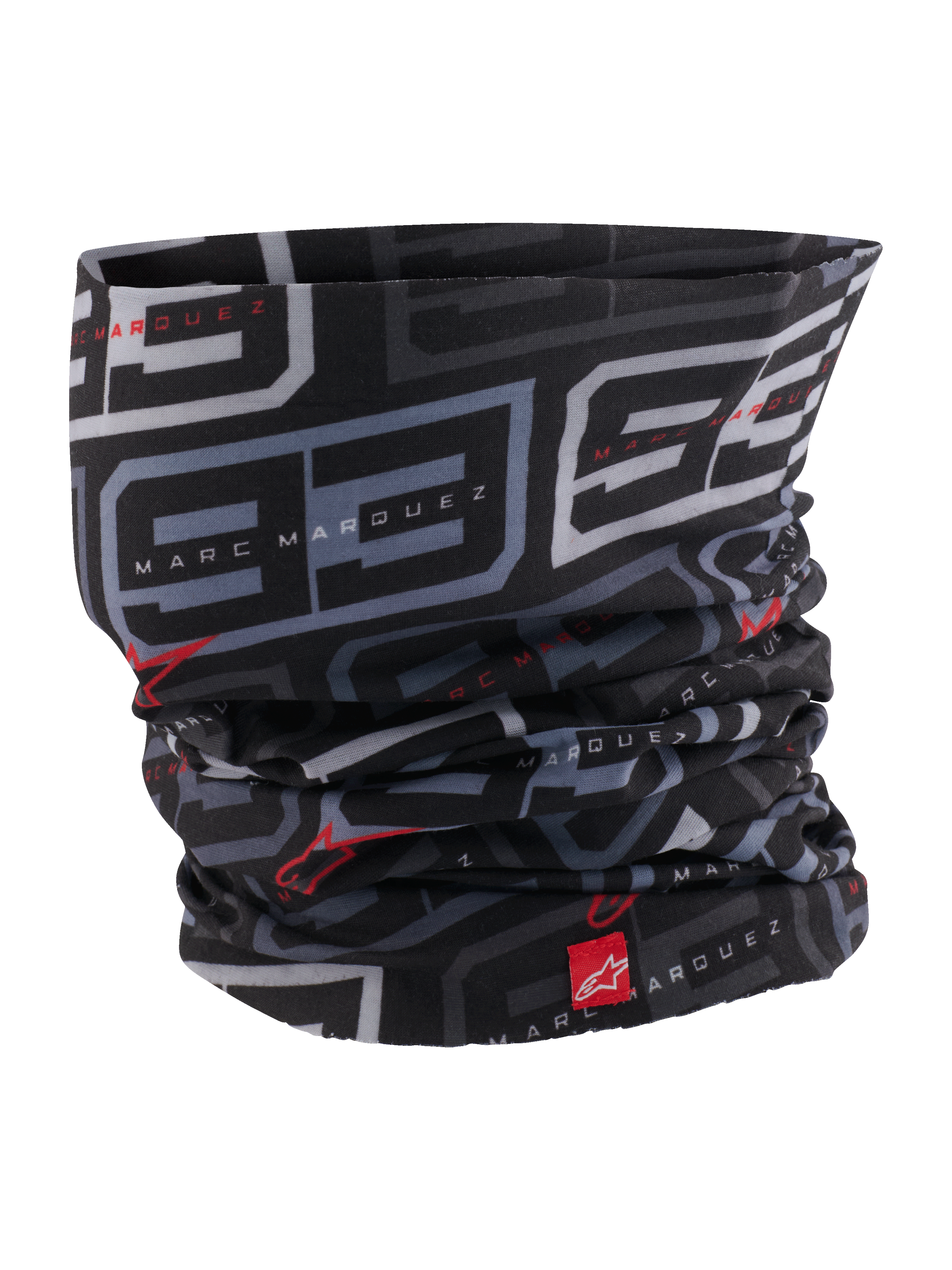 Alpinestars MM93 nekwarmer, motor-nekwarmer, zwart antraciet en felrood, met een herhalend grijs '93'-patroon en Marc Marquez-branding, rode Alpinestars-logo's, lichtgewicht zijdeachtige stof voor motorrijden op de weg in de lente en zomer