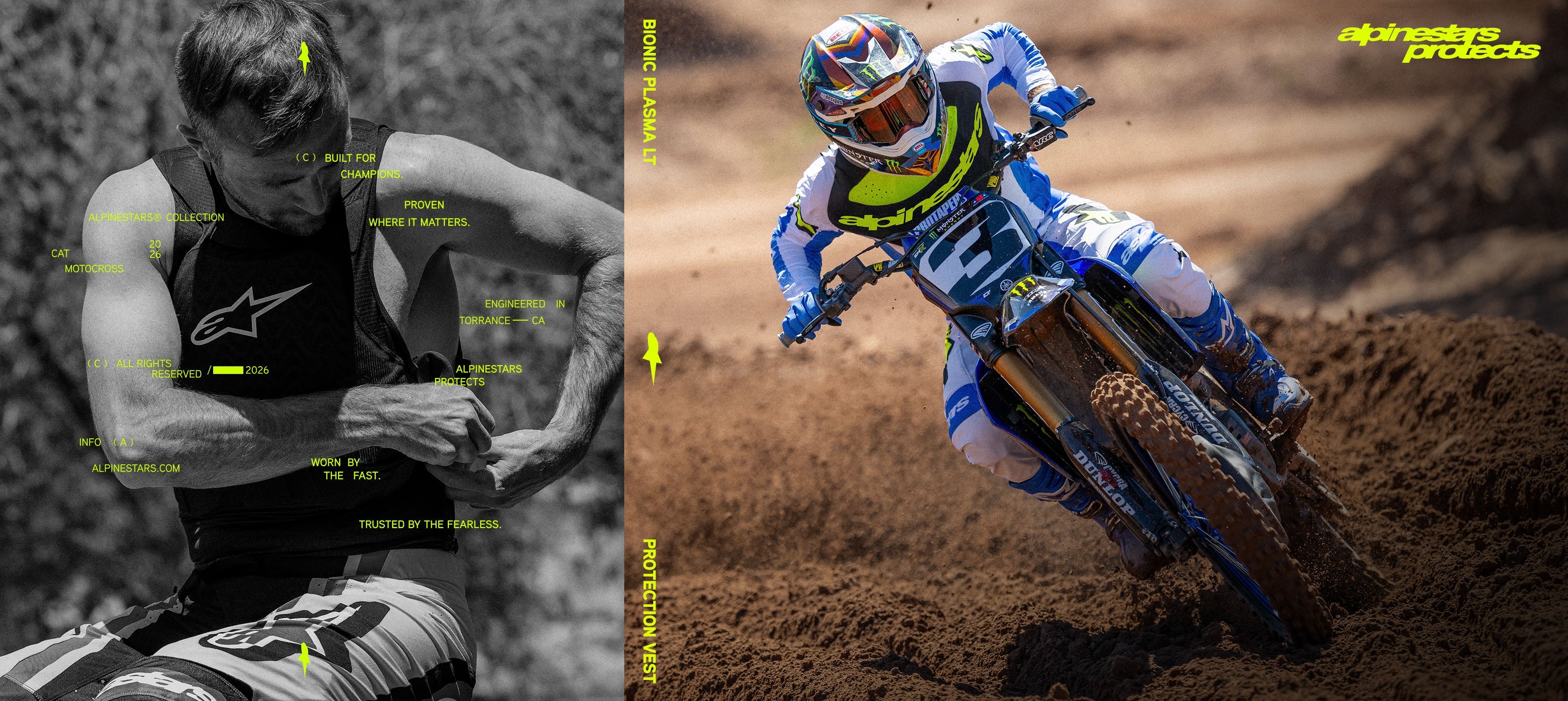 Alpinestars Bionic Plasma LT Protection Vest, black motocross armor shown on-model and in action on a dirt track.