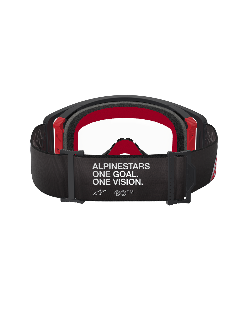 Alpinestars Supertech Corp Goggles, motorcrossbril, zwart en rood met heldere lens, achteraanzicht met brede zwarte band met witte 'ALPINESTARS ONE GOAL. ONE VISION.' branding, meerlaags gezichtsschuim en rode frame-accenten