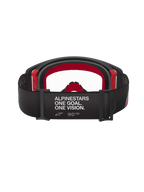 Alpinestars Supertech Corp Goggles, motorcrossbril, zwart en rood met heldere lens, achteraanzicht met brede zwarte band met witte 'ALPINESTARS ONE GOAL. ONE VISION.' branding, meerlaags gezichtsschuim en rode frame-accenten