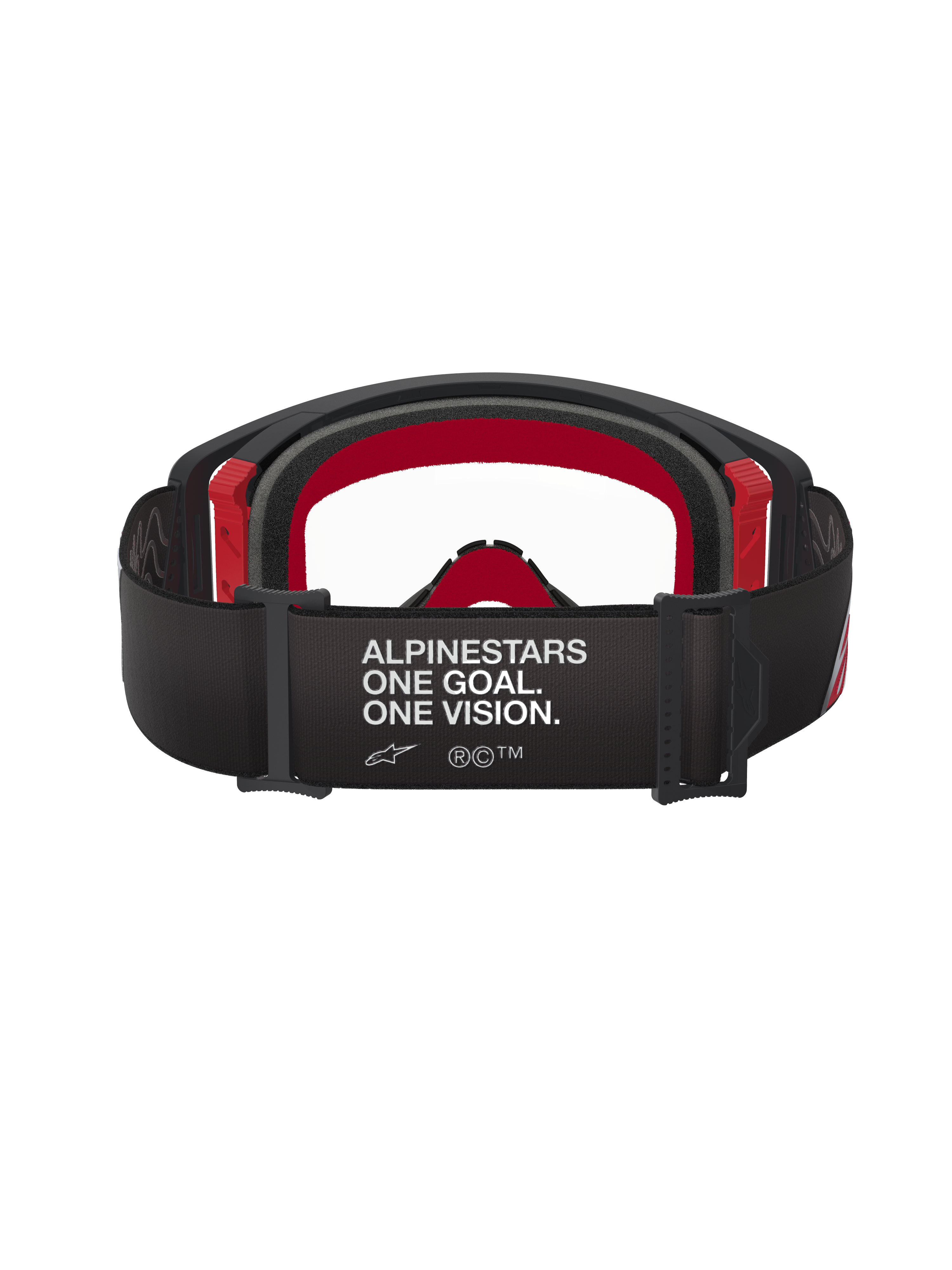 Alpinestars Supertech Corp Goggles, motorcrossbril, zwart en rood met heldere lens, achteraanzicht met brede zwarte band met witte 'ALPINESTARS ONE GOAL. ONE VISION.' branding, meerlaags gezichtsschuim en rode frame-accenten