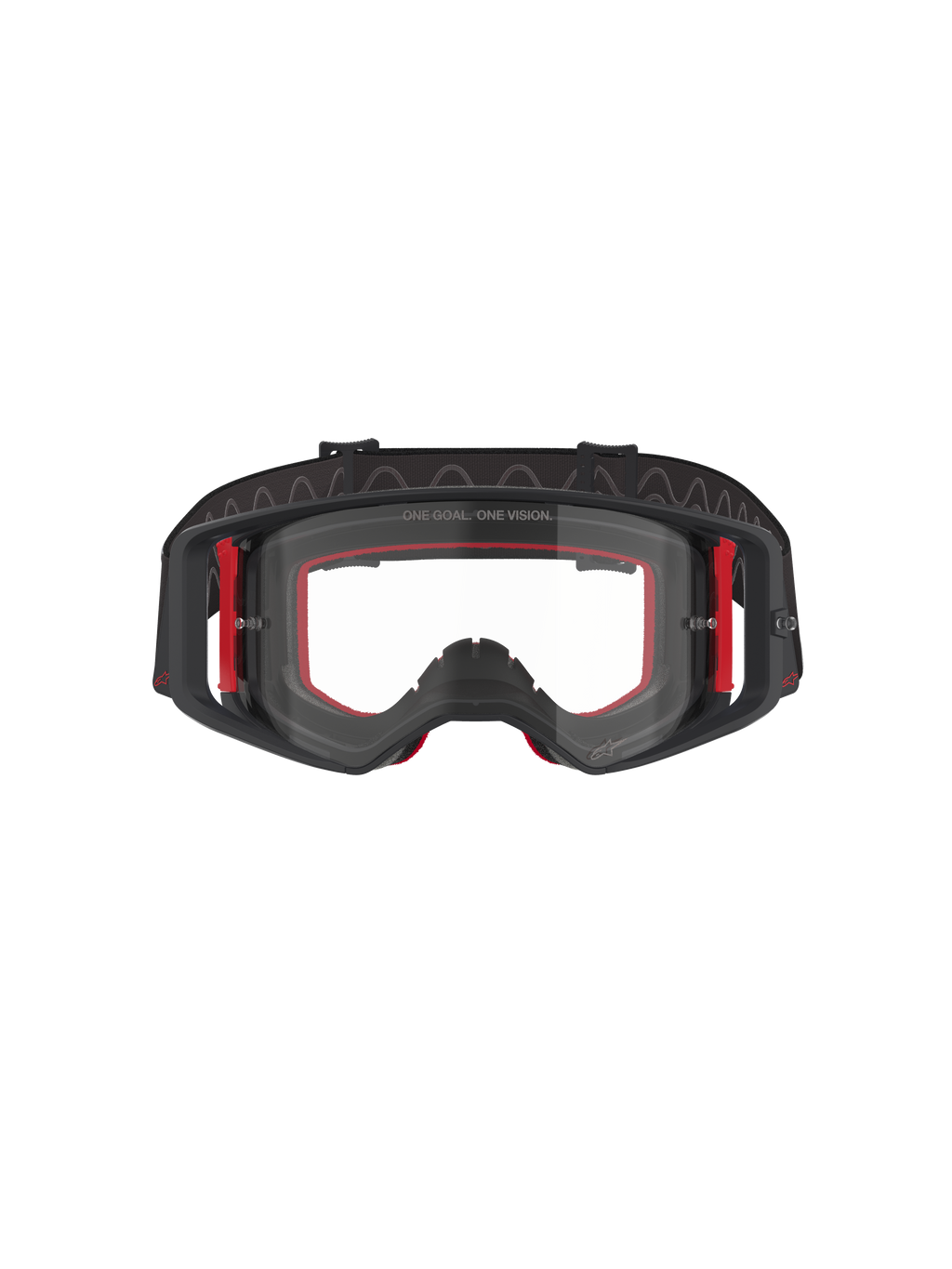 Alpinestars Supertech Corp Goggles, motocrossbril, zwart, rood en helder, vooraanzicht, heldere lens met 'ONE GOAL. ONE VISION.' tekst, zwart frame met rode zij-accenten, breed gezichtsveld, duurzame band met golvende siliconen grip