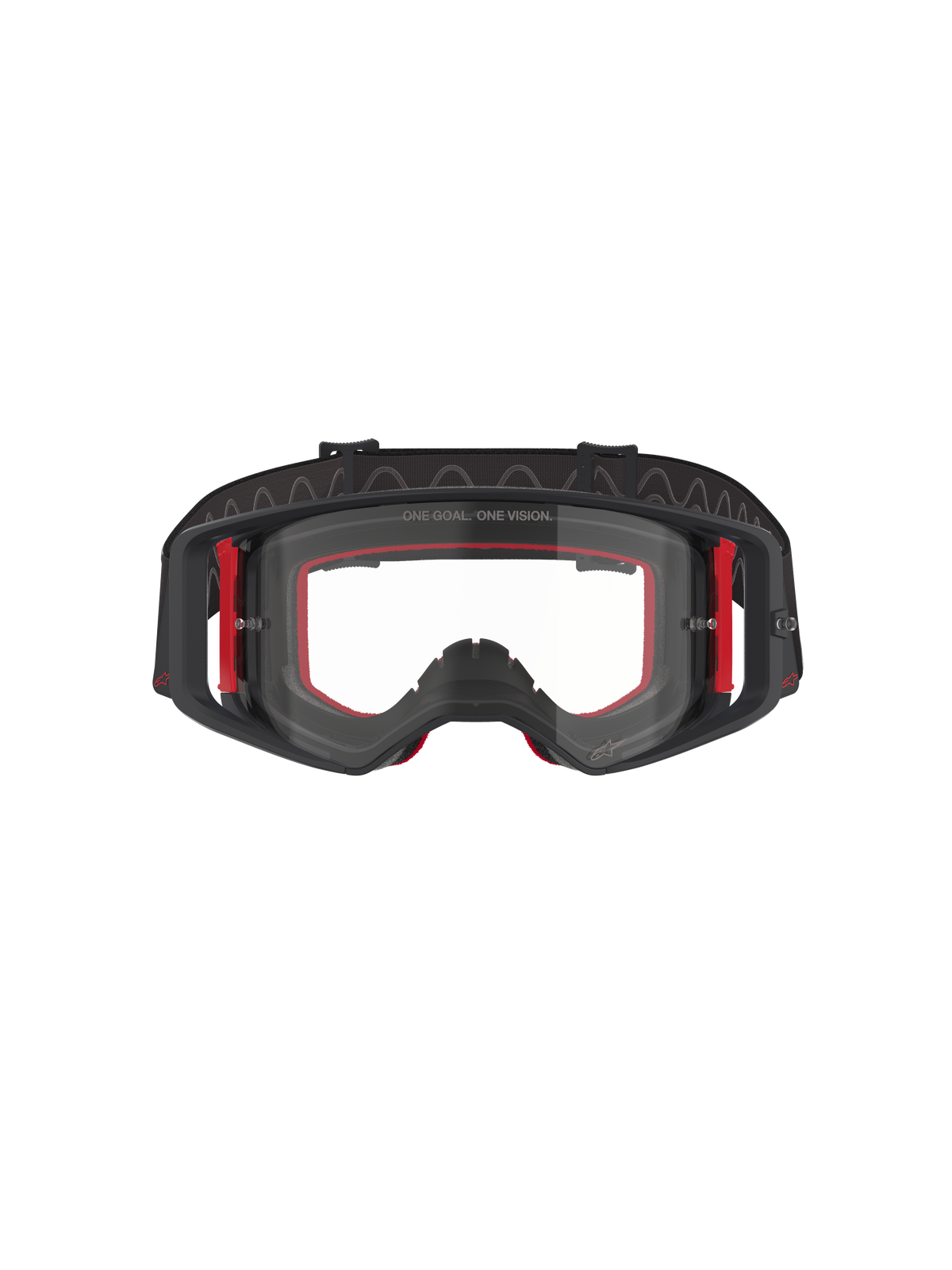 Alpinestars Supertech Corp Goggles, motocrossbril, zwart, rood en helder, vooraanzicht, heldere lens met 'ONE GOAL. ONE VISION.' tekst, zwart frame met rode zij-accenten, breed gezichtsveld, duurzame band met golvende siliconen grip