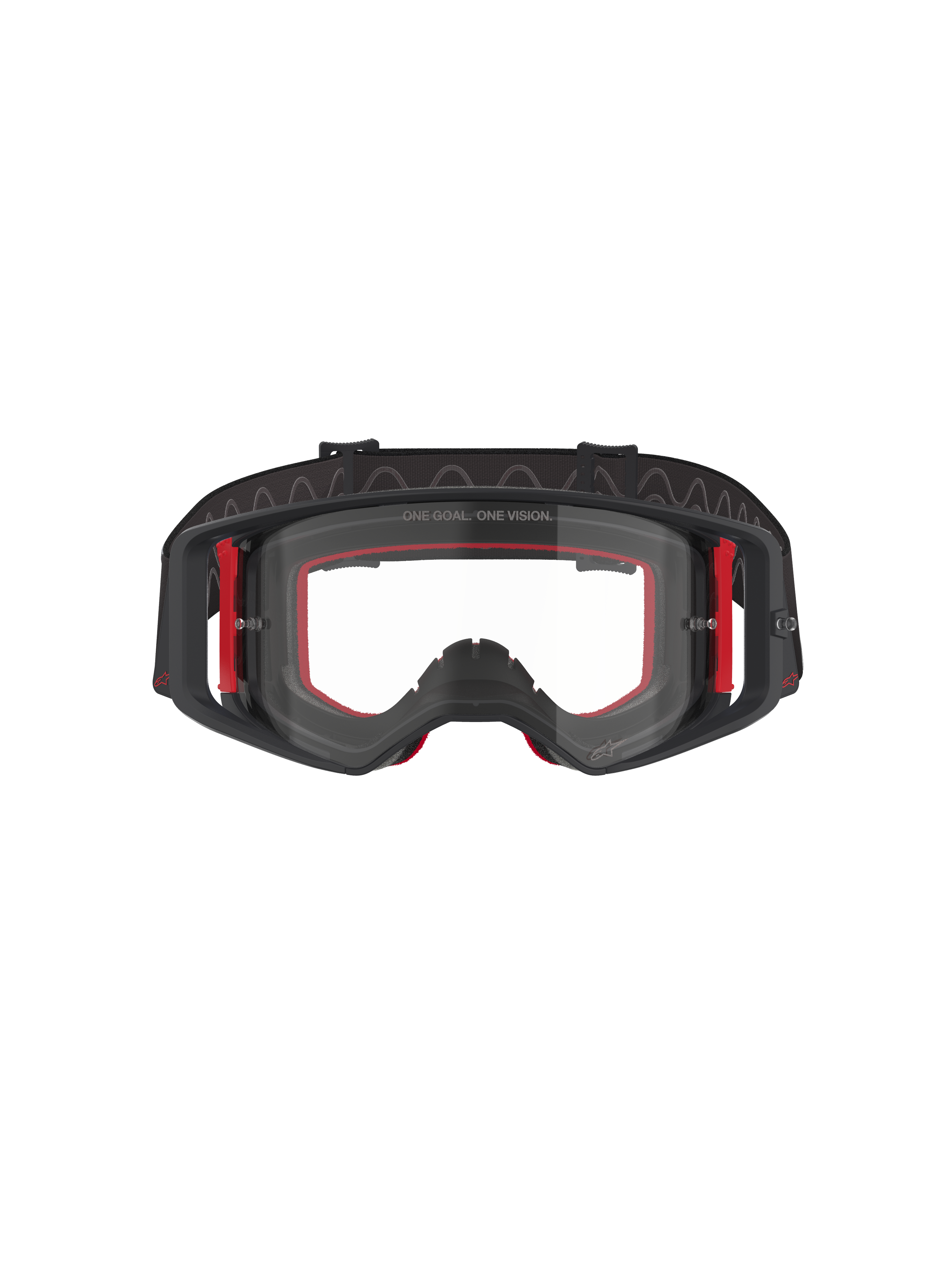 Alpinestars Supertech Corp Goggles, motocrossbril, zwart, rood en helder, vooraanzicht, heldere lens met 'ONE GOAL. ONE VISION.' tekst, zwart frame met rode zij-accenten, breed gezichtsveld, duurzame band met golvende siliconen grip