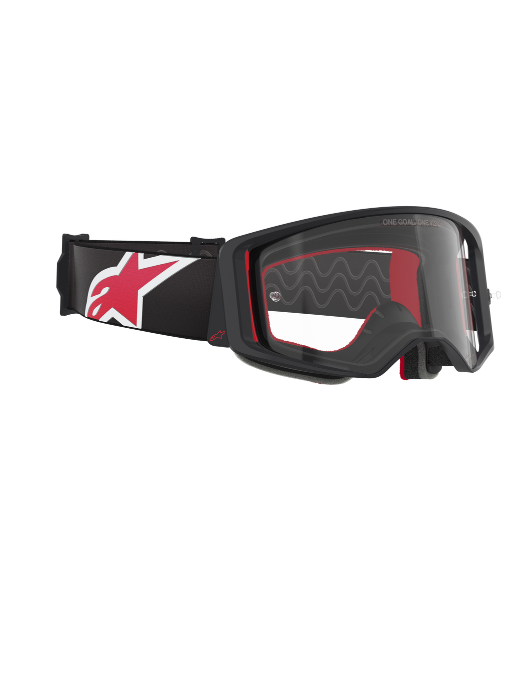 Alpinestars Supertech Corp Goggles, motorcrossbril, zwart, rood en helder, zijaanzicht met een heldere lens en zwart frame, rode padding aan de binnenzijde, zwarte band met een groot rood en wit Alpinestars-logo, professionele off-road oogbescherming
