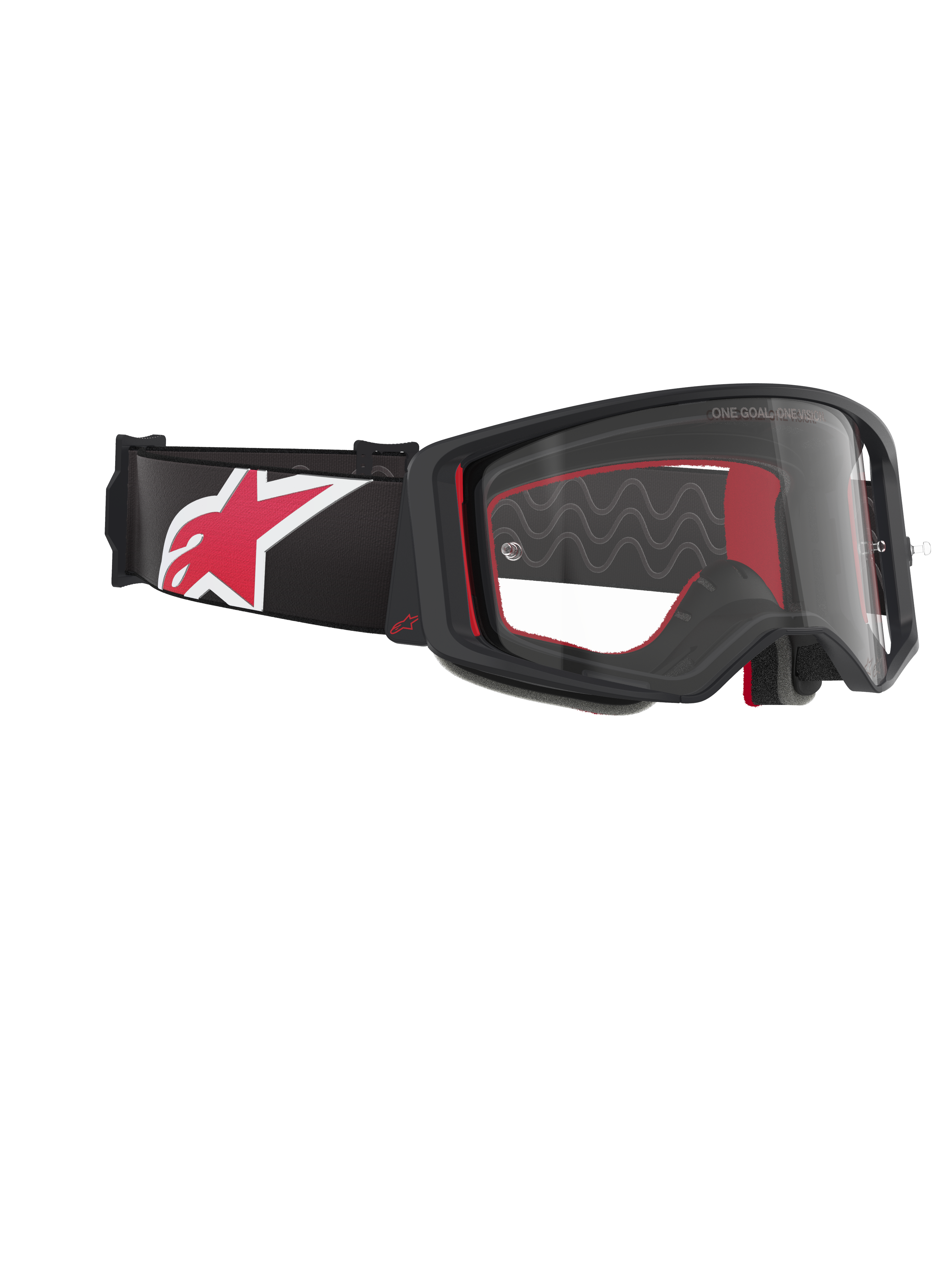 Alpinestars Supertech Corp Goggles, motorcrossbril, zwart, rood en helder, zijaanzicht met een heldere lens en zwart frame, rode padding aan de binnenzijde, zwarte band met een groot rood en wit Alpinestars-logo, professionele off-road oogbescherming