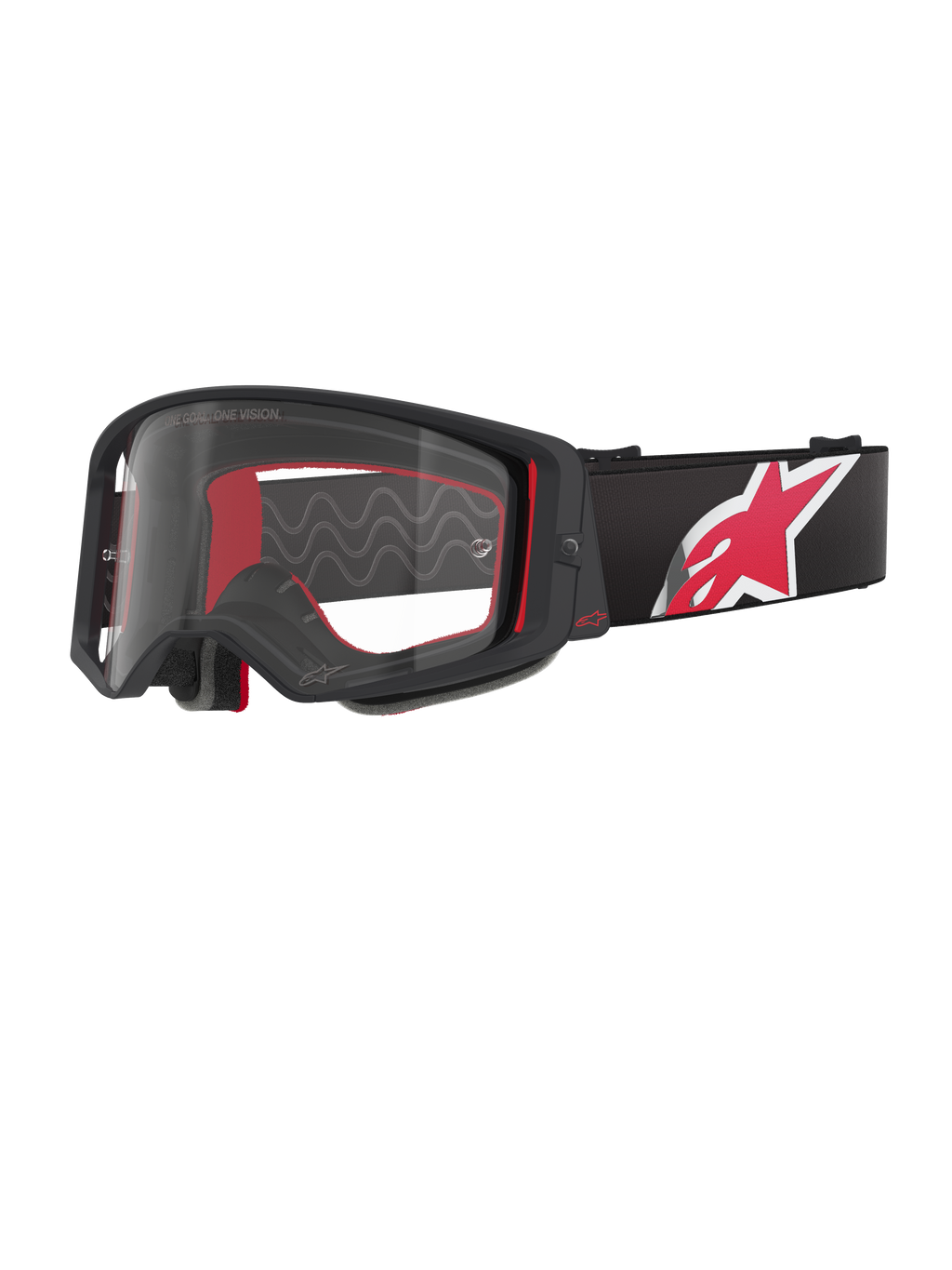 Alpinestars Supertech Corp Goggles, zwart en rood frame met heldere lens, zwarte verstelbare band met een groot rood en wit sterlogo, professionele motorcrossbril ontworpen voor off-road racen