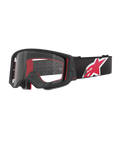 Alpinestars Supertech Corp Goggles, zwart en rood frame met heldere lens, zwarte verstelbare band met een groot rood en wit sterlogo, professionele motorcrossbril ontworpen voor off-road racen