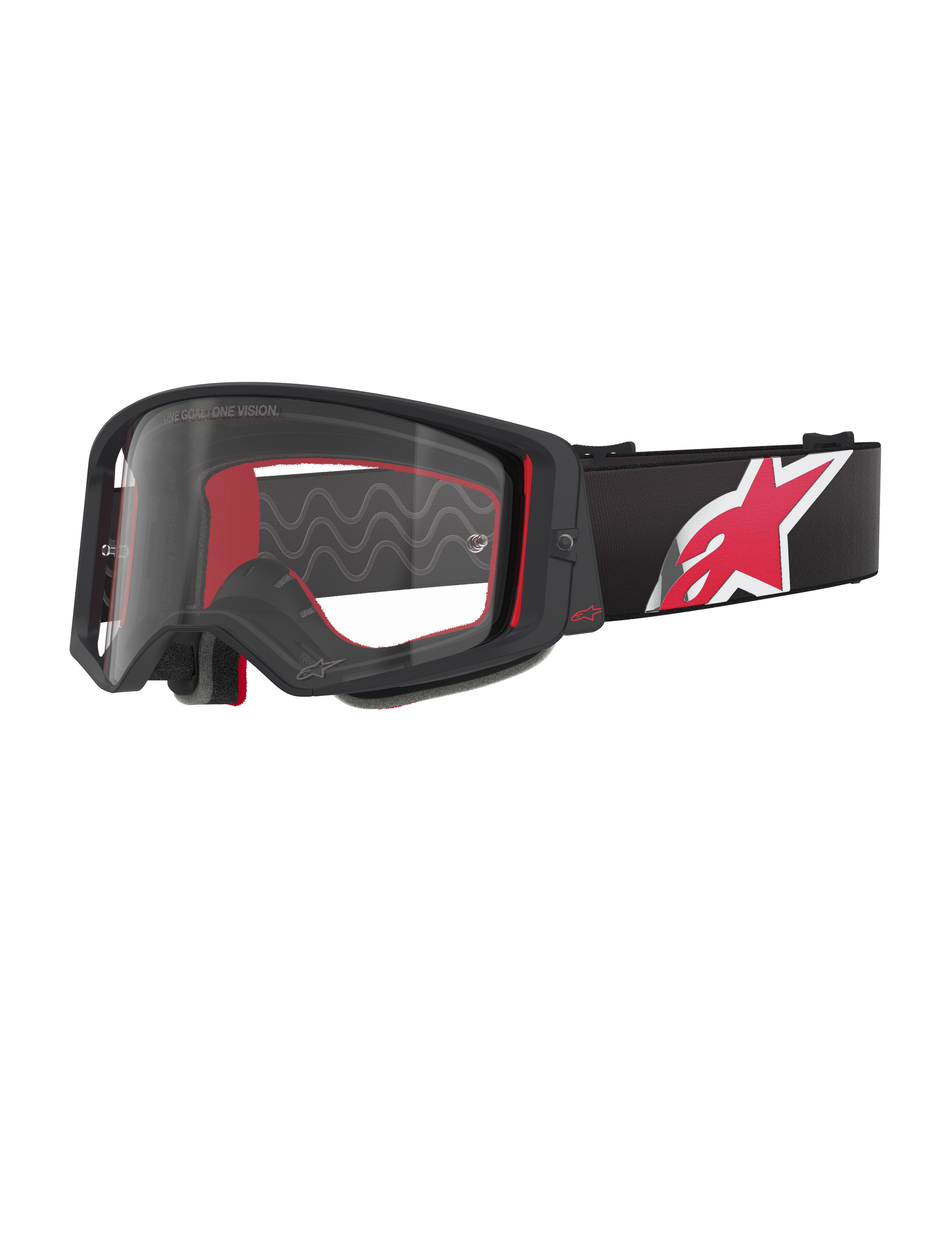 Alpinestars Supertech Corp Goggles, zwart en rood frame met heldere lens, zwarte verstelbare band met een groot rood en wit sterlogo, professionele motorcrossbril ontworpen voor off-road racen