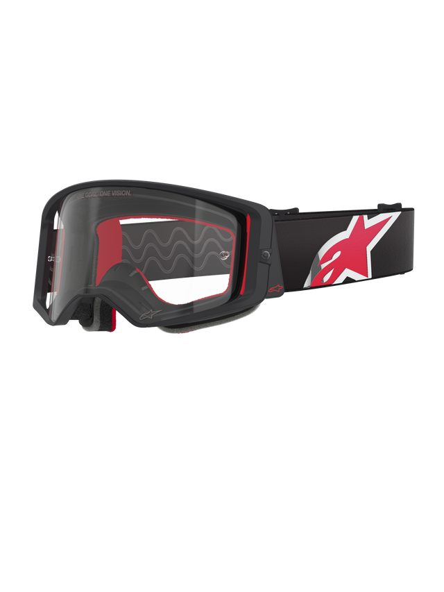 Alpinestars Supertech Corp Goggles, Black and Red frame with Clear Lens, black adjustable strap featuring a large red and white star logo, professional motocross eyewear designed for off-road racing