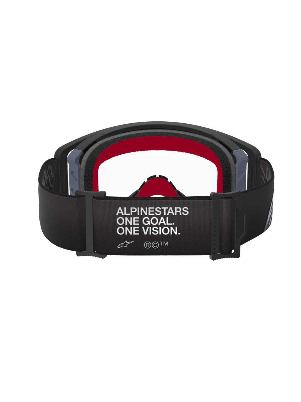 Alpinestars Supertech Corp Goggles, motorcrossbril, zwart en grijs frame met heldere lens, achteraanzicht met zwarte band voorzien van de slogan 'ALPINESTARS ONE GOAL. ONE VISION.' en rood gezichtsschuim aan de binnenkant