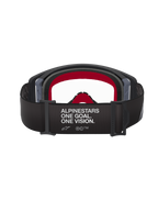 Alpinestars Supertech Corp Goggles, motorcrossbril, zwart en grijs frame met heldere lens, achteraanzicht met zwarte band voorzien van de slogan 'ALPINESTARS ONE GOAL. ONE VISION.' en rood gezichtsschuim aan de binnenkant