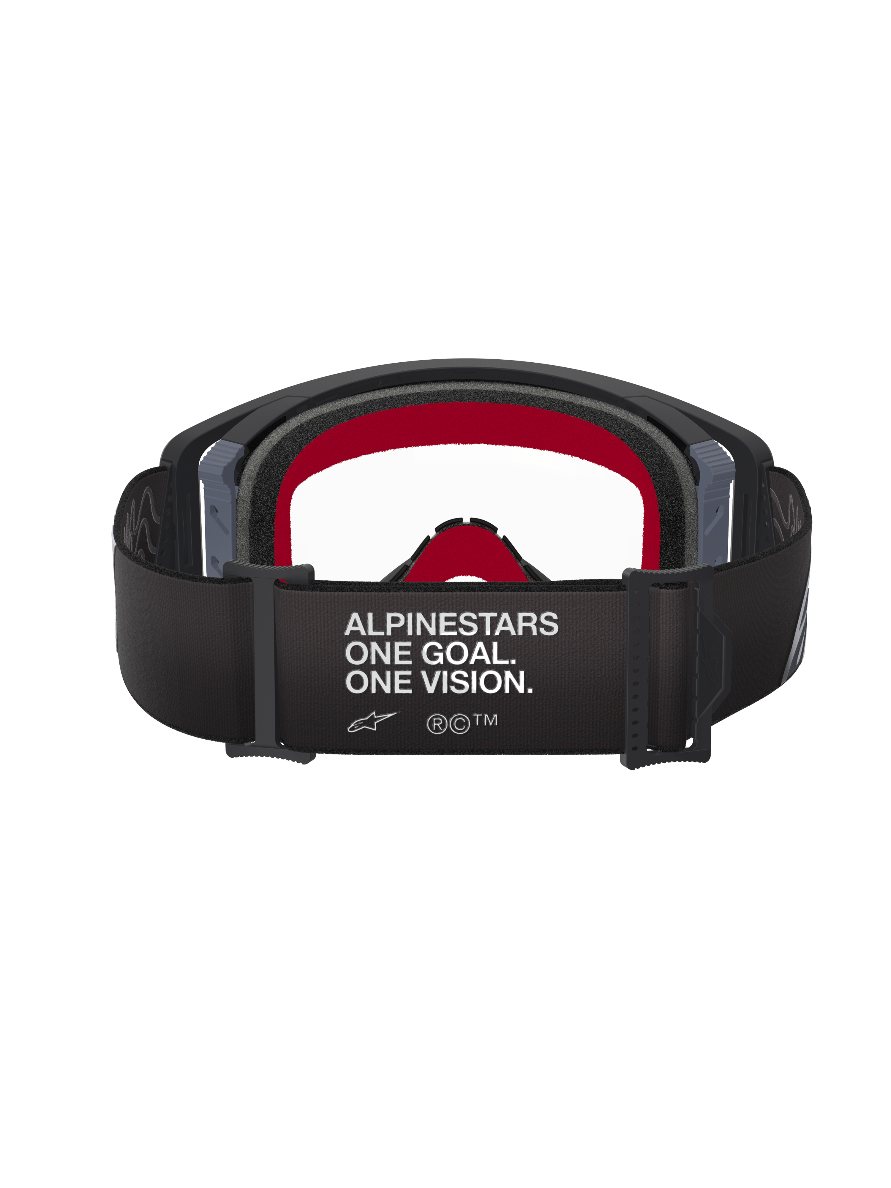 Alpinestars Supertech Corp Goggles, motorcrossbril, zwart en grijs frame met heldere lens, achteraanzicht met zwarte band voorzien van de slogan 'ALPINESTARS ONE GOAL. ONE VISION.' en rood gezichtsschuim aan de binnenkant