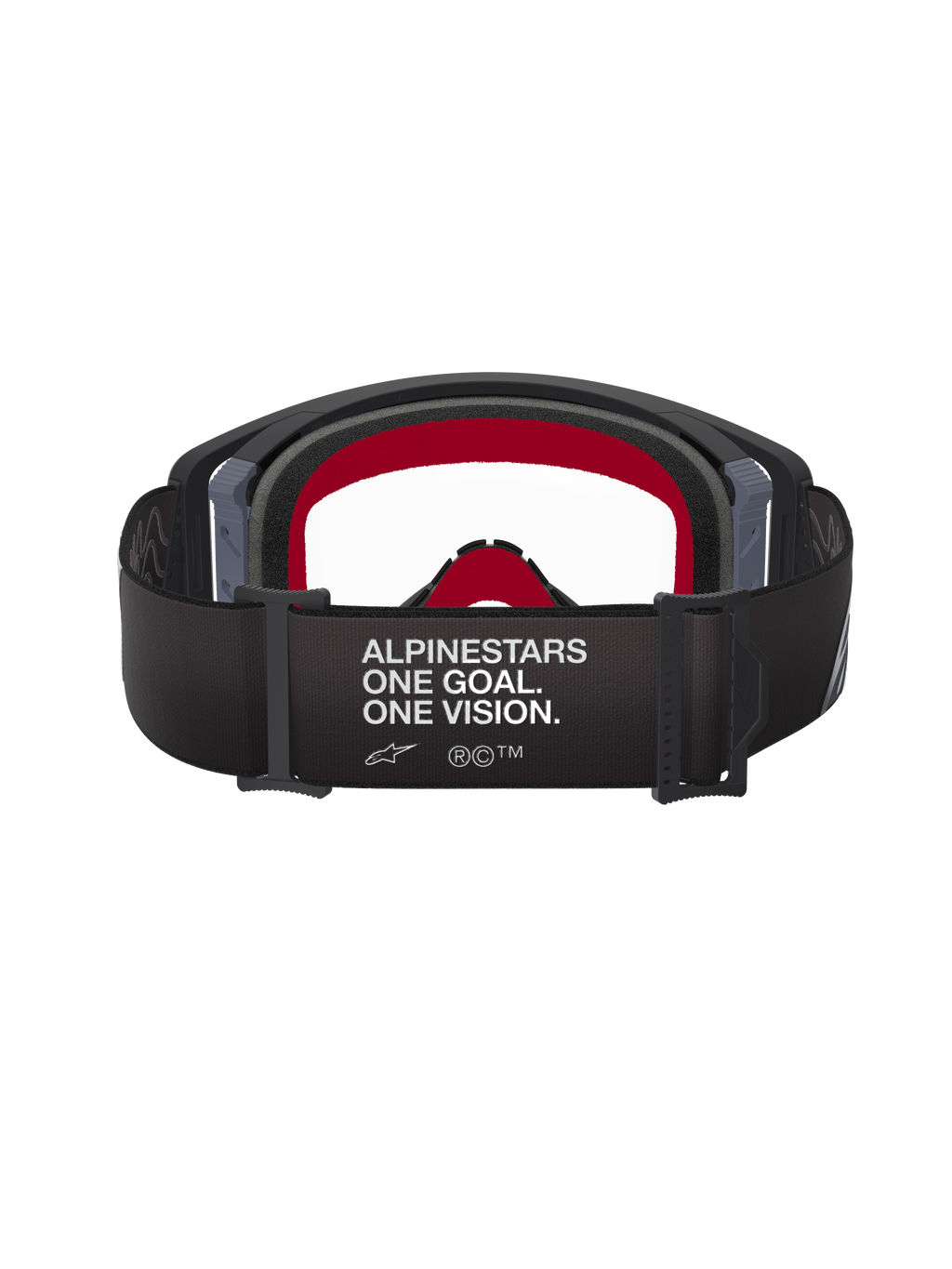 Alpinestars Supertech Corp Goggles, zwart en grijs, achteraanzicht met brede zwarte band met witte tekst 'ALPINESTARS ONE GOAL. ONE VISION.', rood gezichtsschuim aan de binnenkant en heldere lens, hoogwaardige motorcrossbril