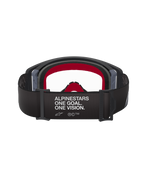 Alpinestars Supertech Corp Goggles, zwart en grijs, achteraanzicht met brede zwarte band met witte tekst 'ALPINESTARS ONE GOAL. ONE VISION.', rood gezichtsschuim aan de binnenkant en heldere lens, hoogwaardige motorcrossbril