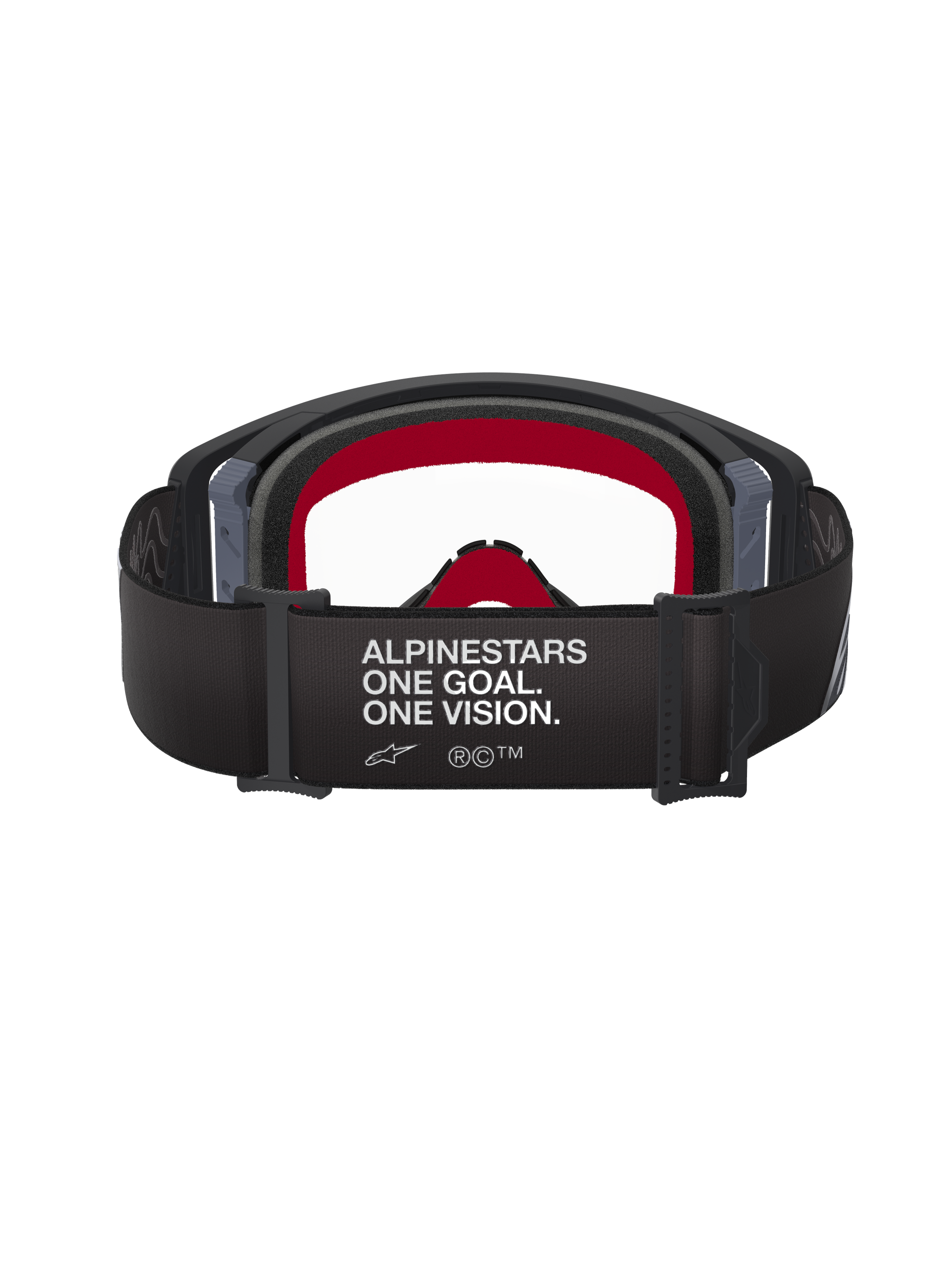 Alpinestars Supertech Corp Goggles, zwart en grijs, achteraanzicht met brede zwarte band met witte tekst 'ALPINESTARS ONE GOAL. ONE VISION.', rood gezichtsschuim aan de binnenkant en heldere lens, hoogwaardige motorcrossbril