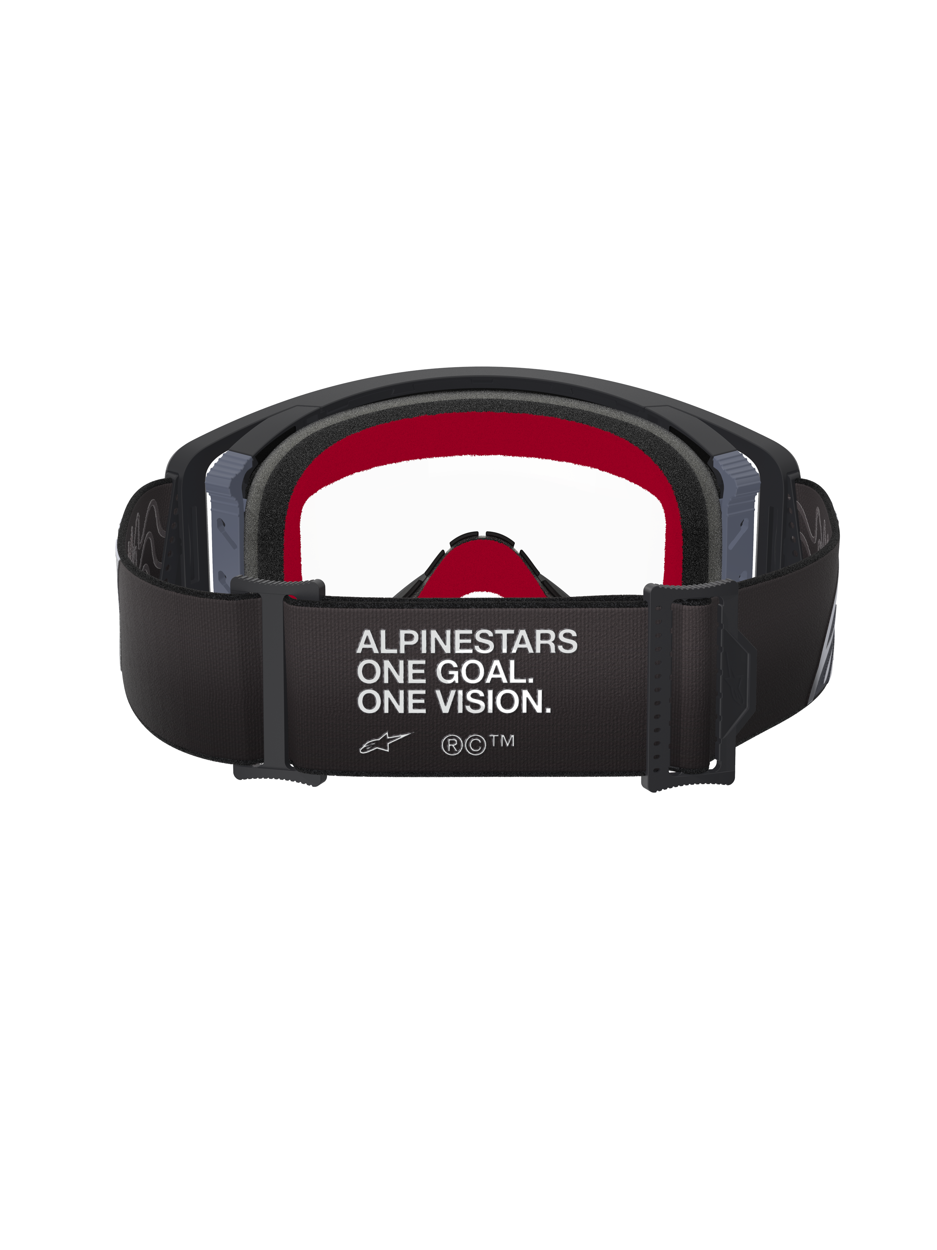 Alpinestars Supertech Corp Goggles, zwart en grijs, achteraanzicht met brede zwarte band met witte tekst 'ALPINESTARS ONE GOAL. ONE VISION.', rood gezichtsschuim aan de binnenkant en heldere lens, hoogwaardige motorcrossbril