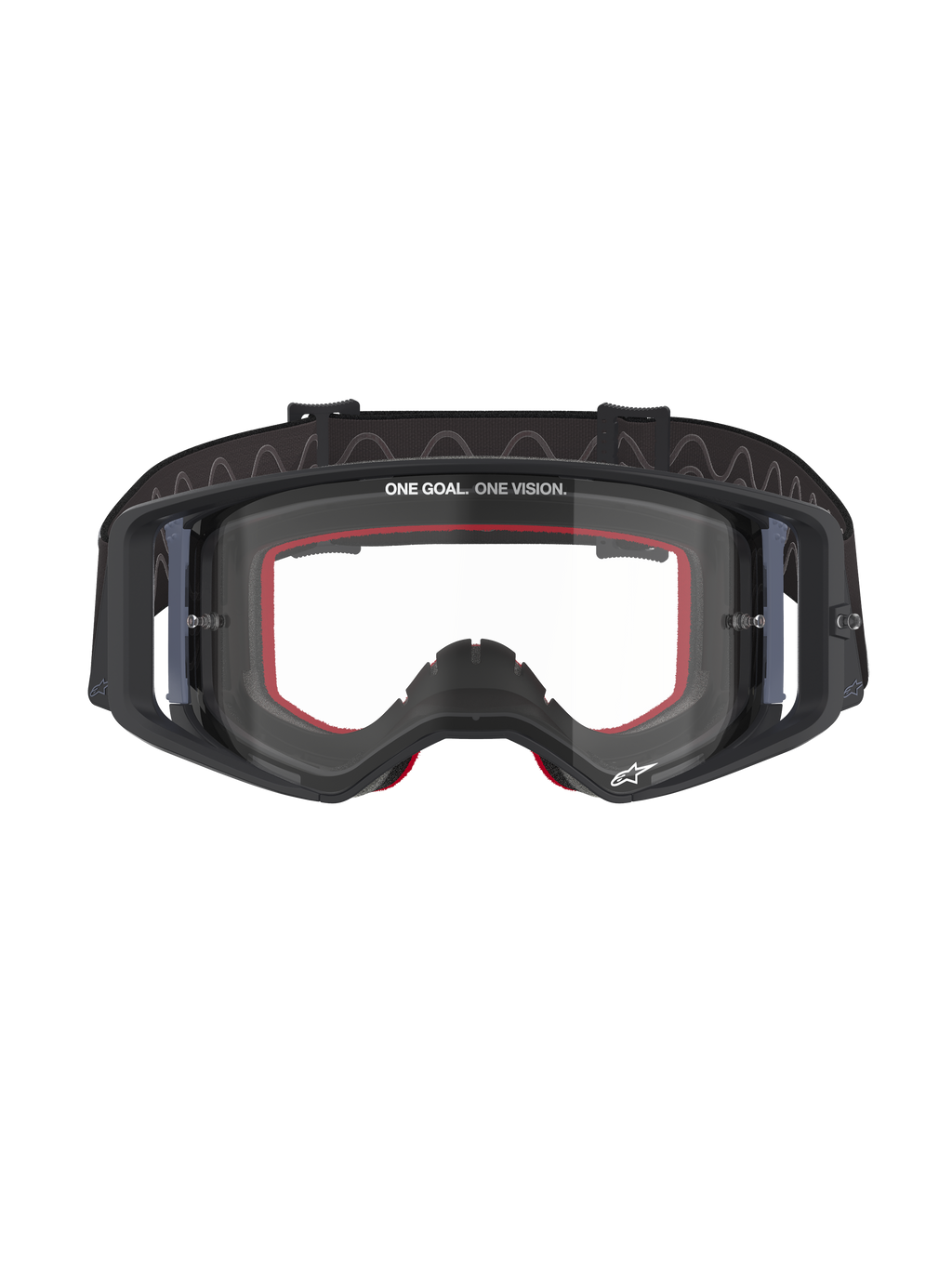 Alpinestars Supertech Corp Goggles, motocrossbril, zwart frame met heldere lens, voorzien van rood gezichtsschuim aan de binnenkant, 'ONE GOAL. ONE VISION.' tekst op de bovenkant van de lens en zwarte band met siliconen achterkant, professionele off-road racebril