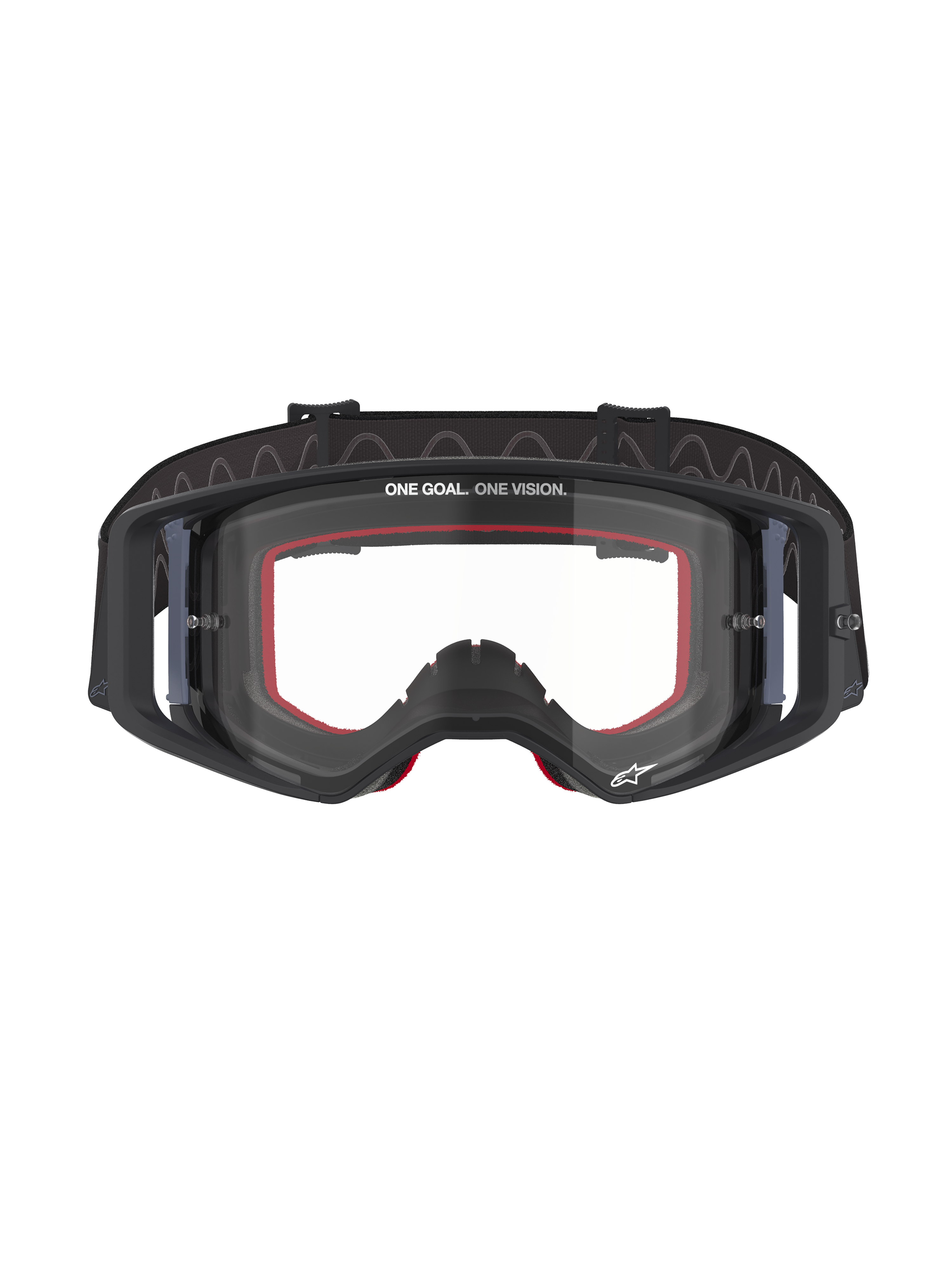 Alpinestars Supertech Corp Goggles, motocrossbril, zwart frame met heldere lens, voorzien van rood gezichtsschuim aan de binnenkant, 'ONE GOAL. ONE VISION.' tekst op de bovenkant van de lens en zwarte band met siliconen achterkant, professionele off-road racebril