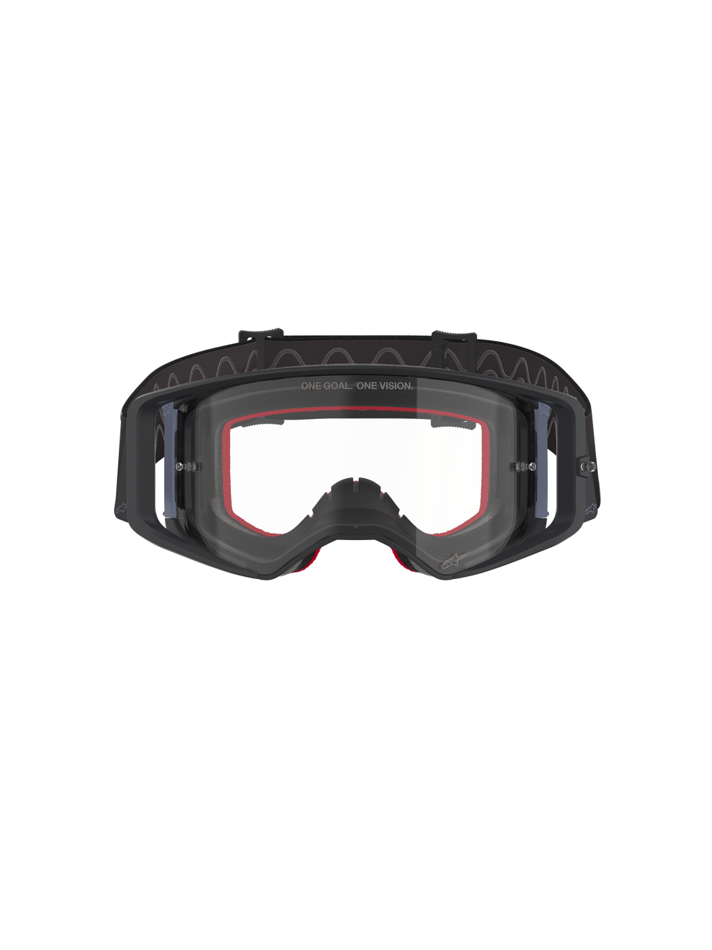 Alpinestars Supertech Corp Goggles, motorcrossbril, zwart en grijs met heldere lens, vooraanzicht met rood schuim aan de binnenkant en brede zwarte verstelbare band, hoogwaardige off-road bril